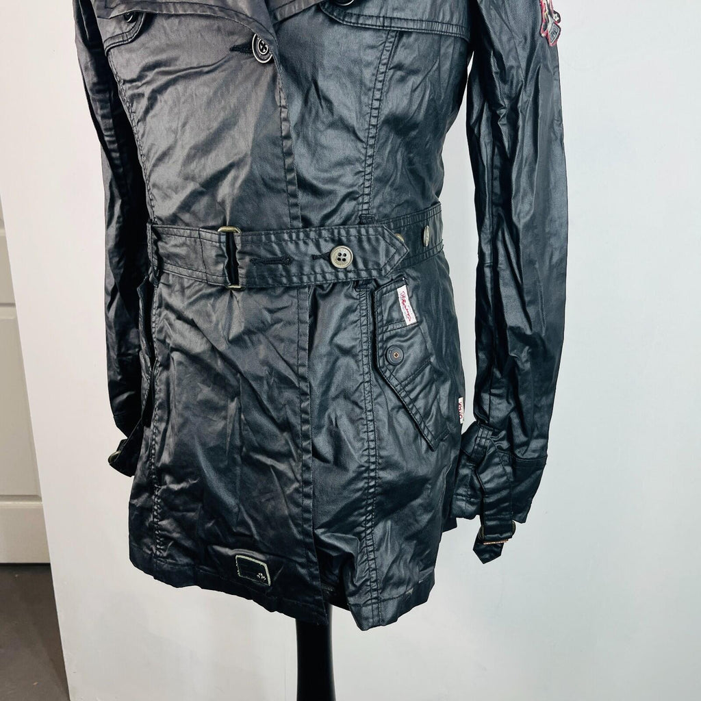 Khujo Womens Wax Cotton Goth Jacket in Black Double Breasted Belted size Large