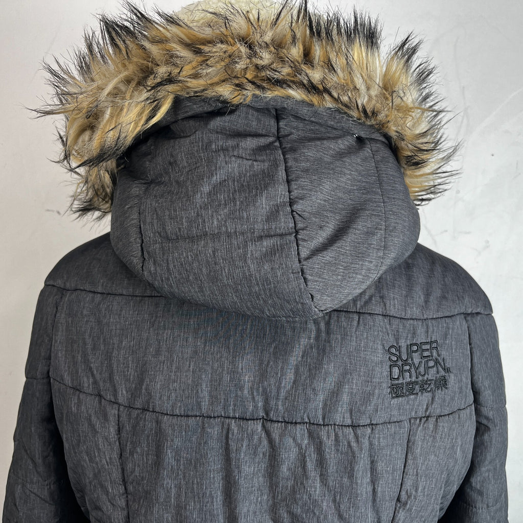 Superdry Mountain Co Mid Faux Fur Puffer - Size XL Grey Hooded  Coat