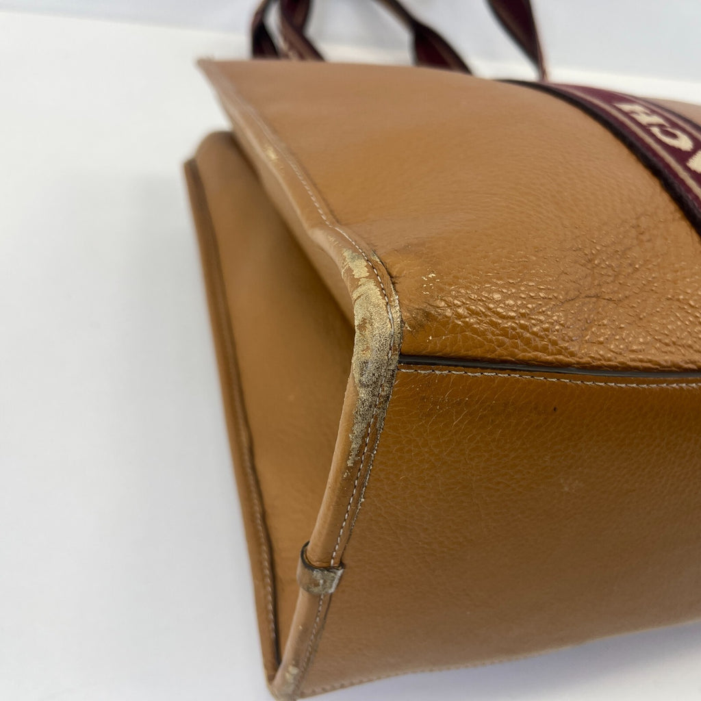 Coach Smith Tote Bag CM716 Tan Pebbled Leather Burgundy Logo Strap