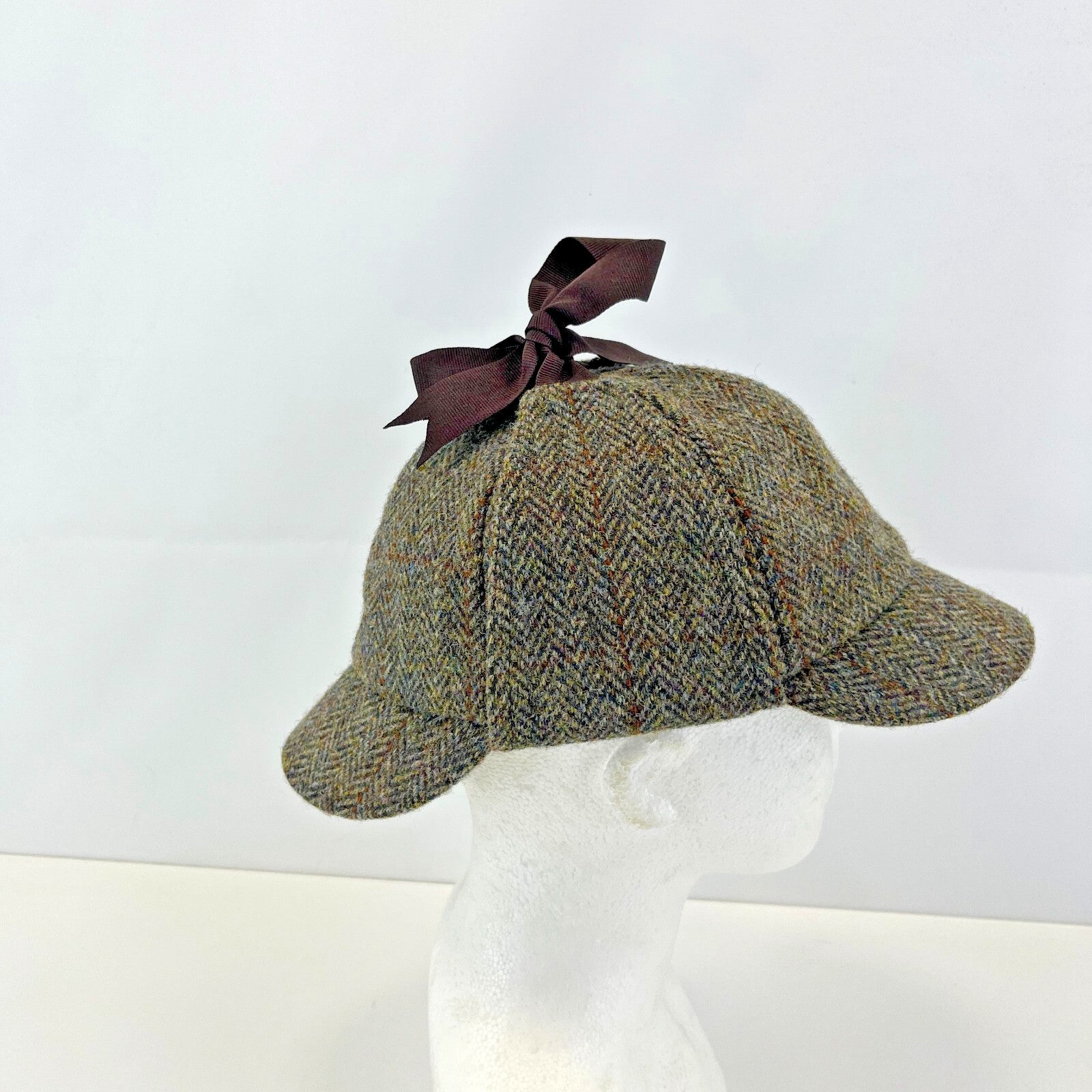 Harris Tweed Deerstalker Hat Cap Brown Herringbone size S/M Sherlock Holmes