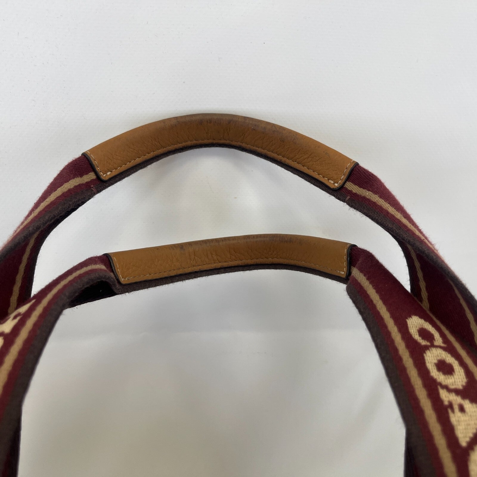 Coach Smith Tote Bag CM716 Tan Pebbled Leather Burgundy Logo Strap