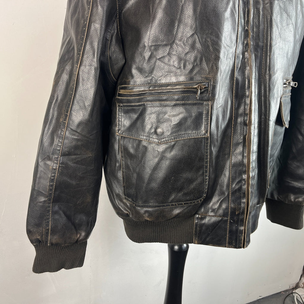 Vtg Tommy Hilfiger Brown Distressed Faux Leather Jacket Sherpa Lined Mens 2XL
