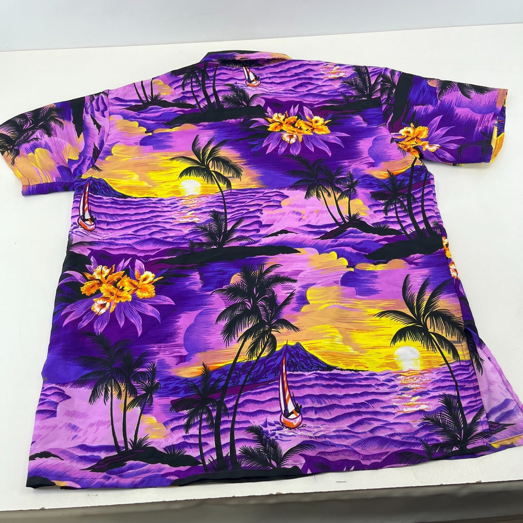 McClain Purple Floral Mens Hawaiian Shirt Designer Holiday Short Sleeve size L