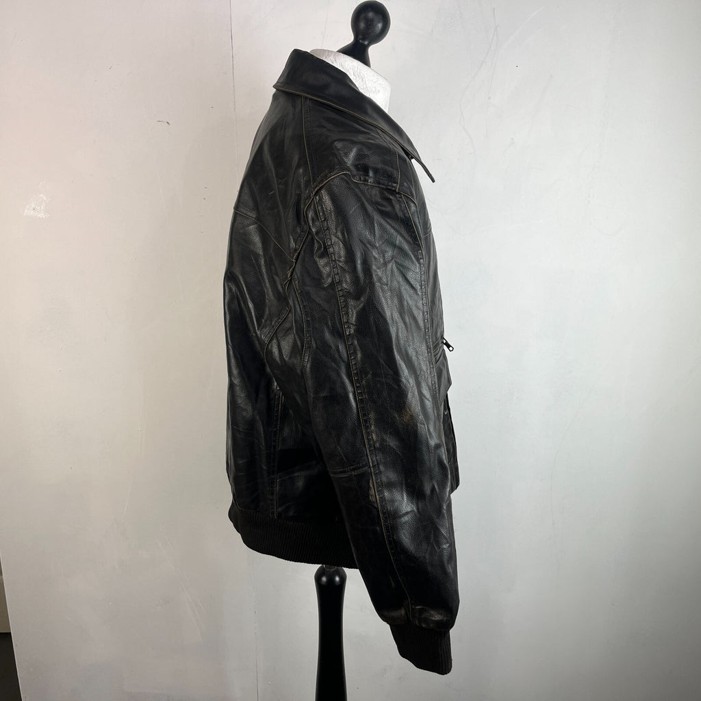Vtg Tommy Hilfiger Brown Distressed Faux Leather Jacket Sherpa Lined Mens 2XL