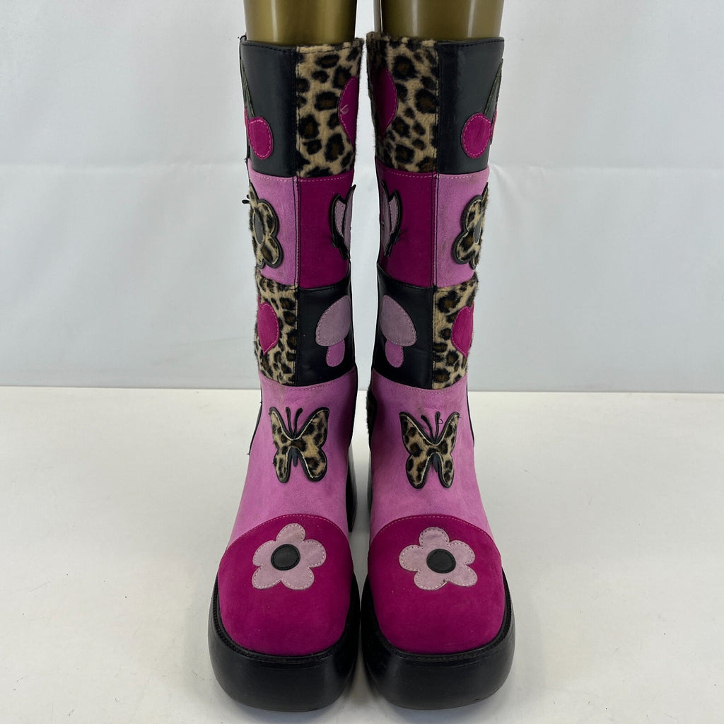 Ladies Retro 60s Disco Look Platform Boots Pink/Black Faux Suede UK 6 Glam Party