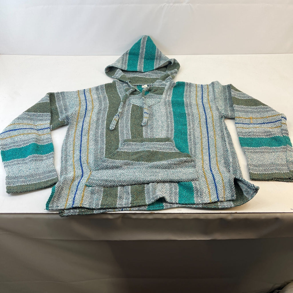 Genuine Mexican Baja Hoodie Pullover Hippie Festival Green Stripe UK size L