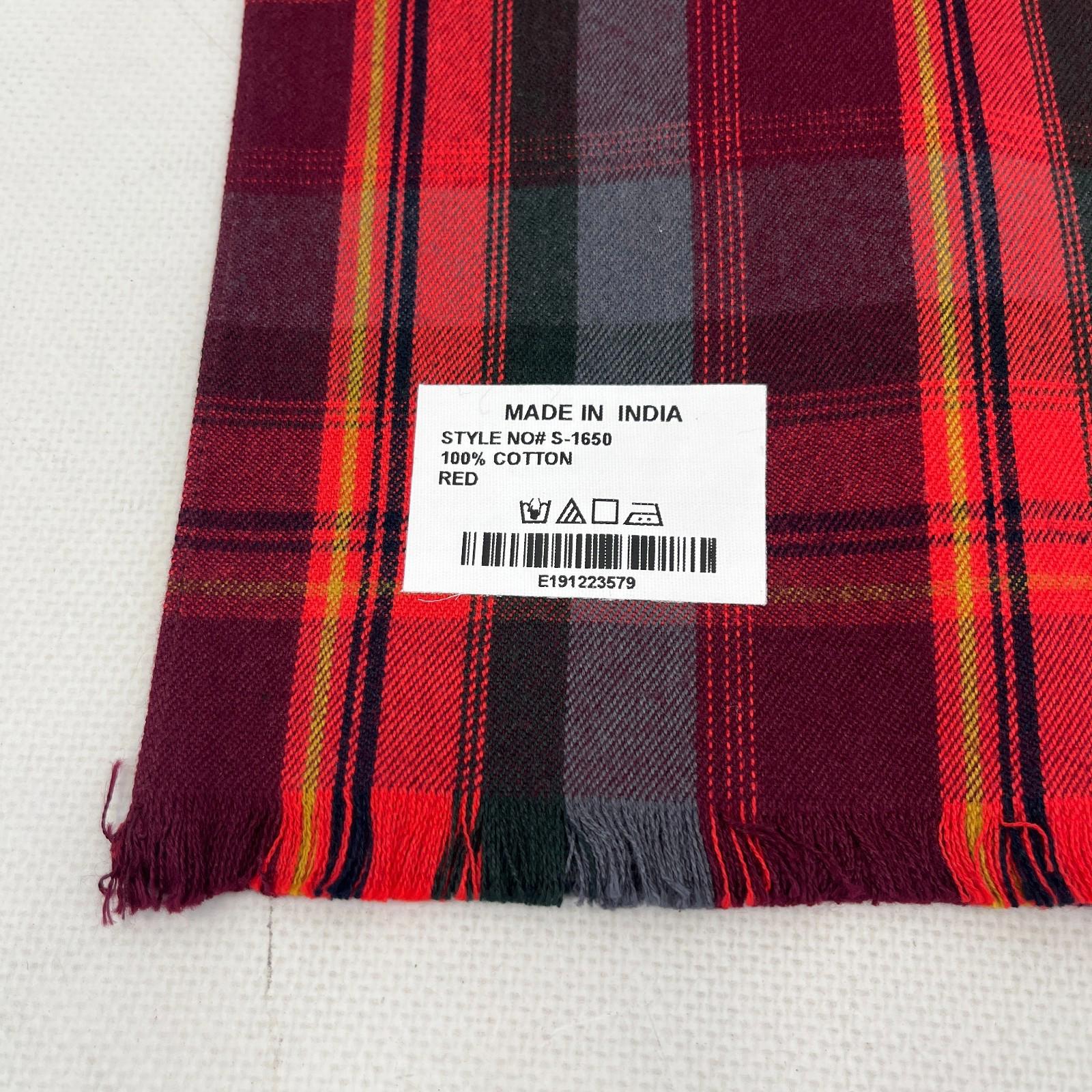 Ladies Red Tartan Shawl 100% Cotton 80"x16" Made in India - New