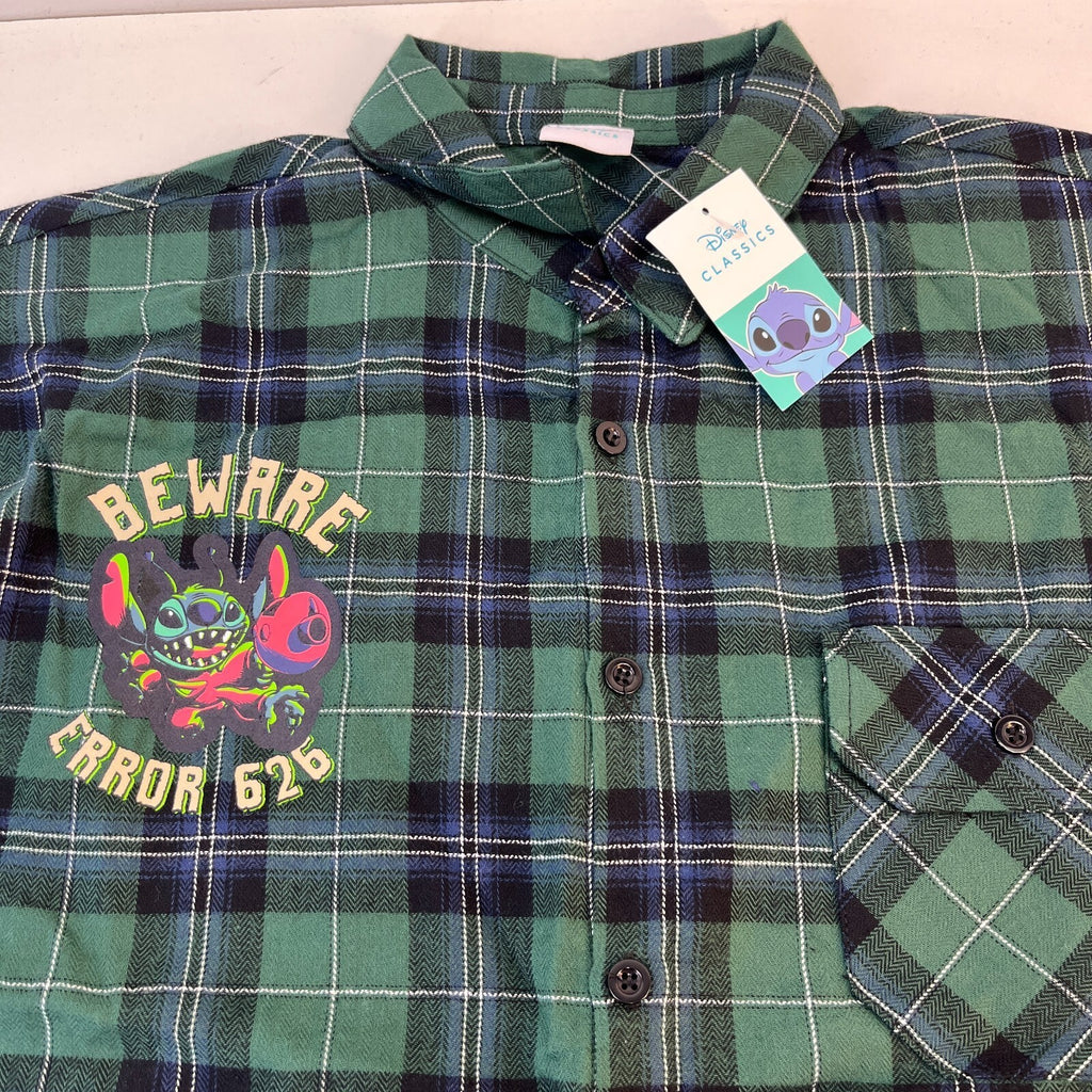 Disney Lilo & Stitch Mens "Stay Weird" Button Up Shirt Check Green Frayed Hem M