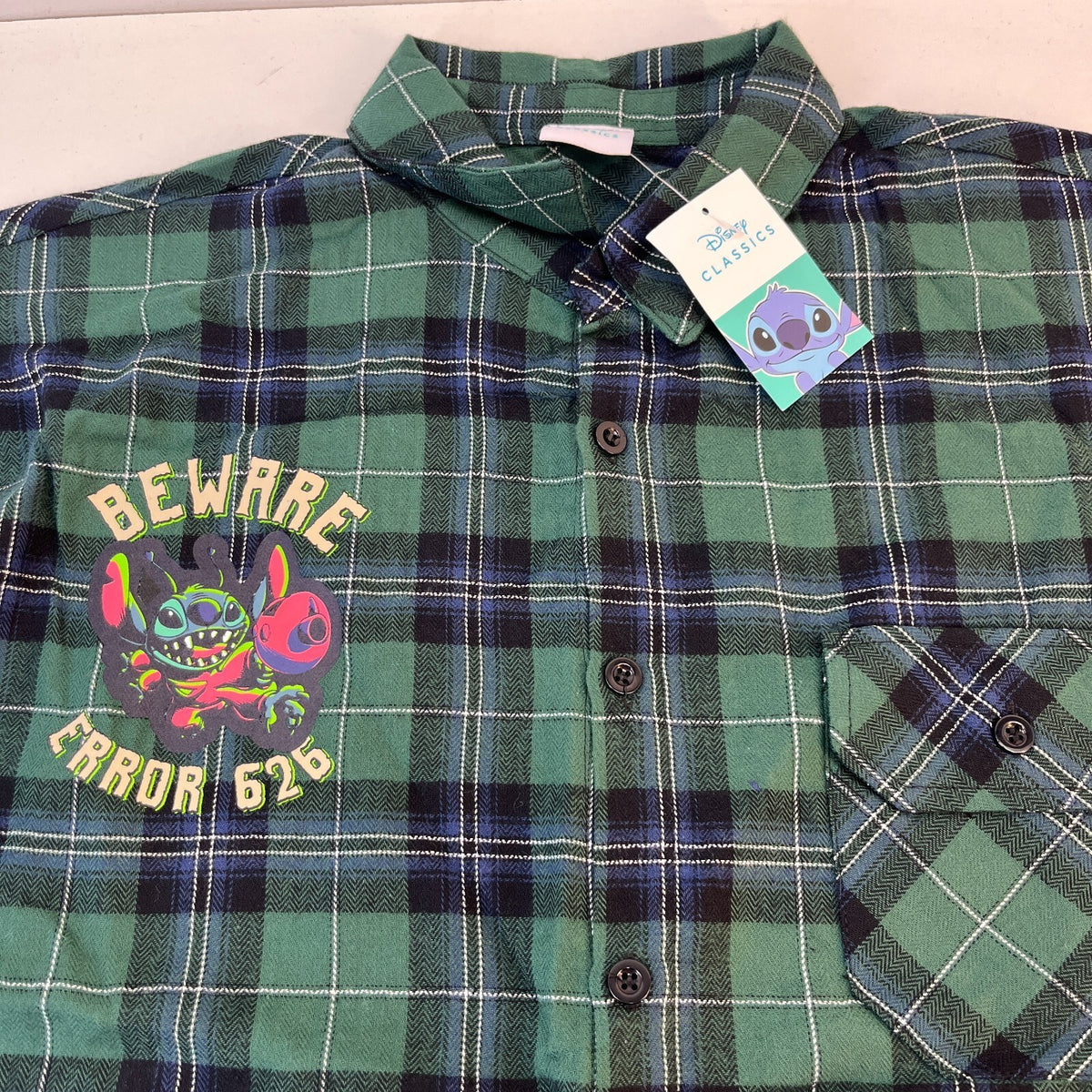 Disney Lilo & Stitch Mens "Stay Weird" Button Up Shirt Check Green Frayed Hem M