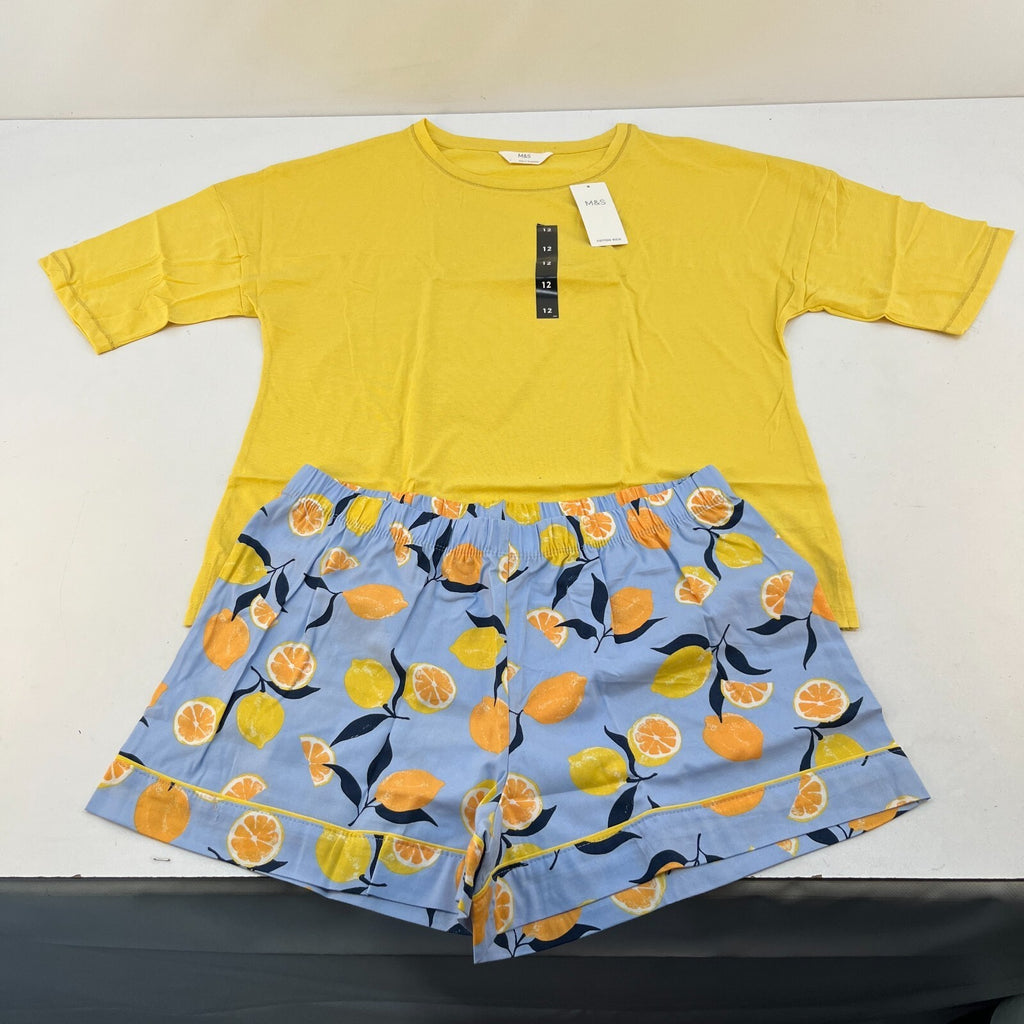 M&S Ladies Pyjama Set size 12 Yellow with Fruit Short Leg Short Sleeve - BNWT