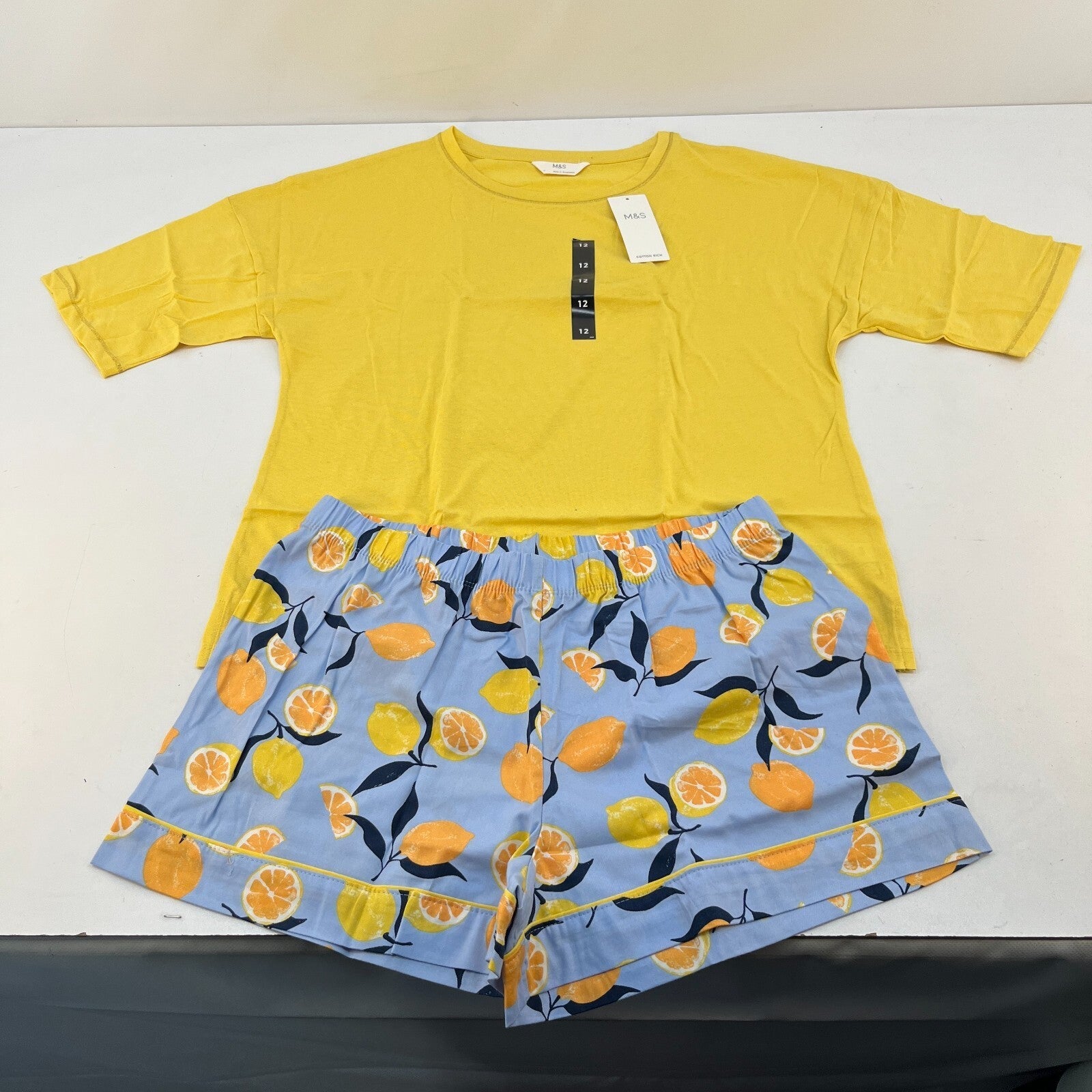 M&S Ladies Pyjama Set size 12 Yellow with Fruit Short Leg Short Sleeve - BNWT