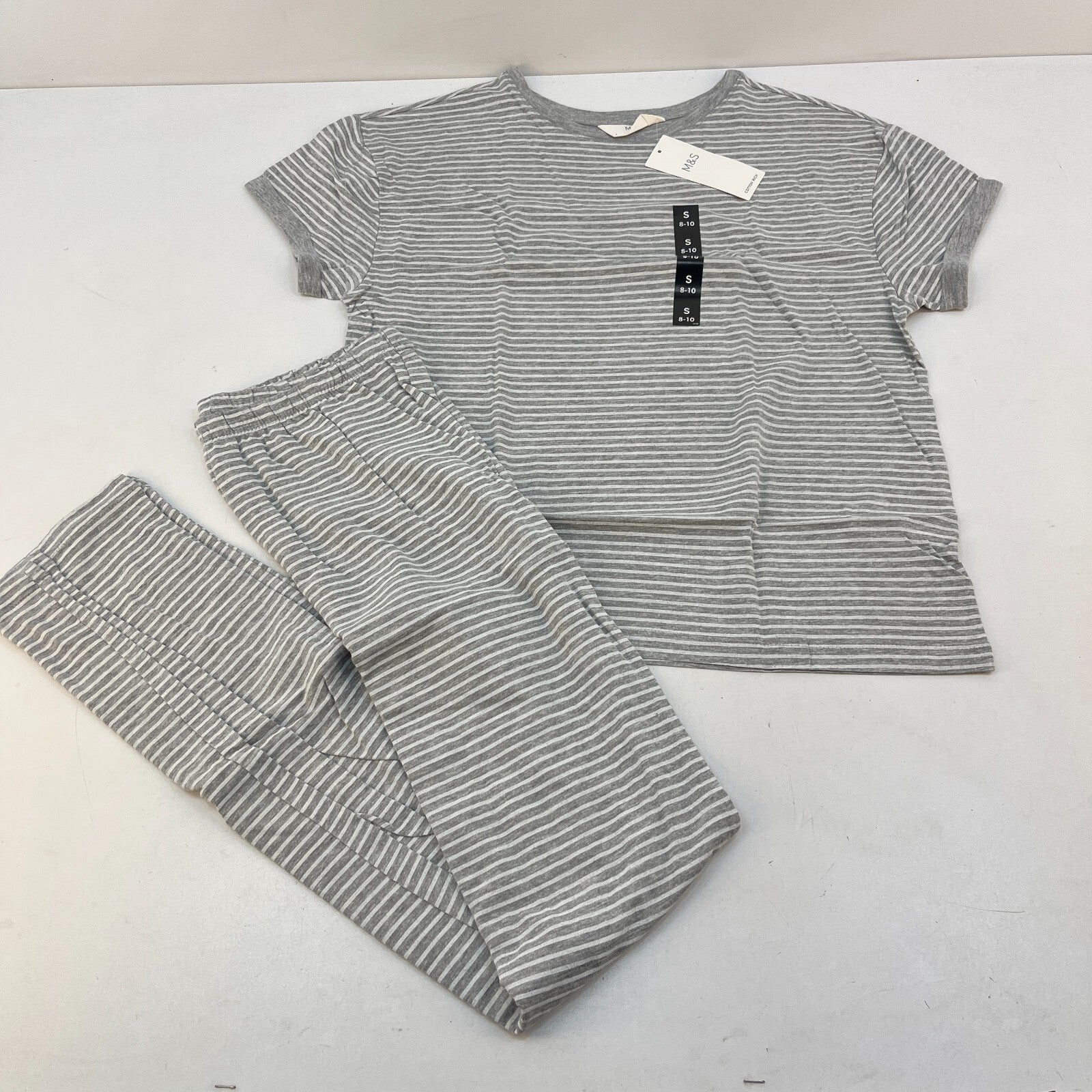 M&S Ladies Pyjama Set UK S 8-10 Grey Striped Long Leg Short Sleeve New