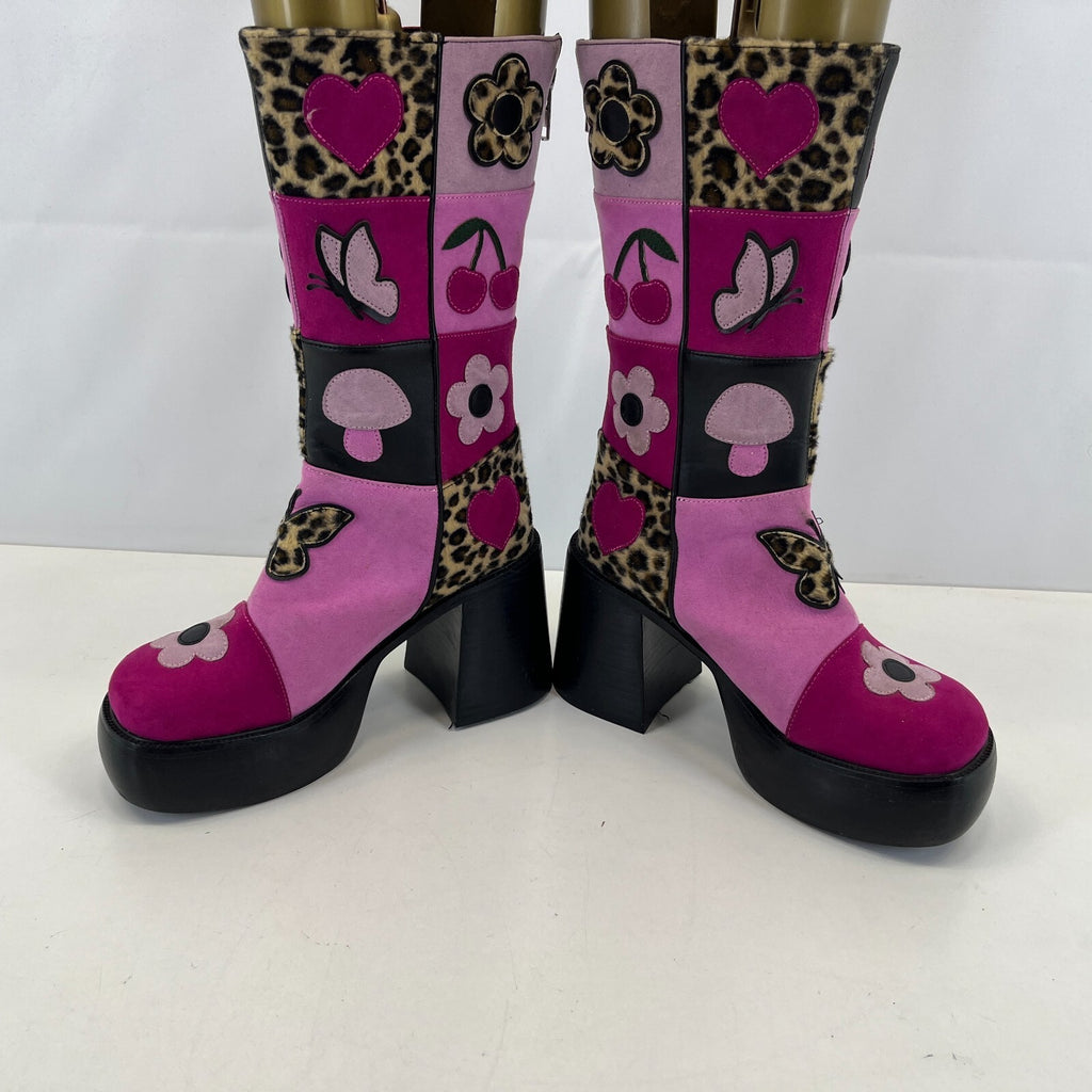 Ladies Retro 60s Disco Look Platform Boots Pink/Black Faux Suede UK 6 Glam Party