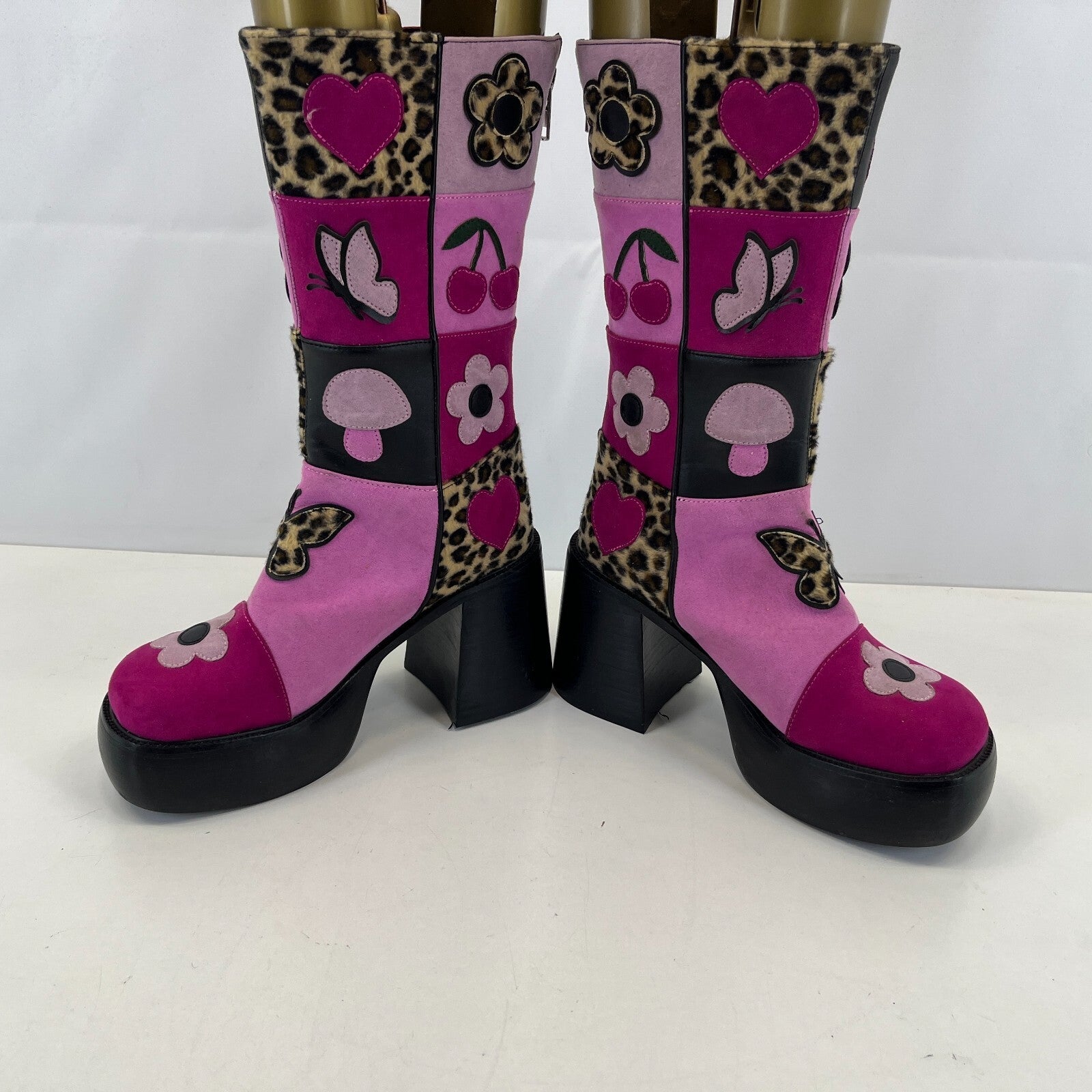 Ladies Retro 60s Disco Look Platform Boots Pink/Black Faux Suede UK 6 Glam Party