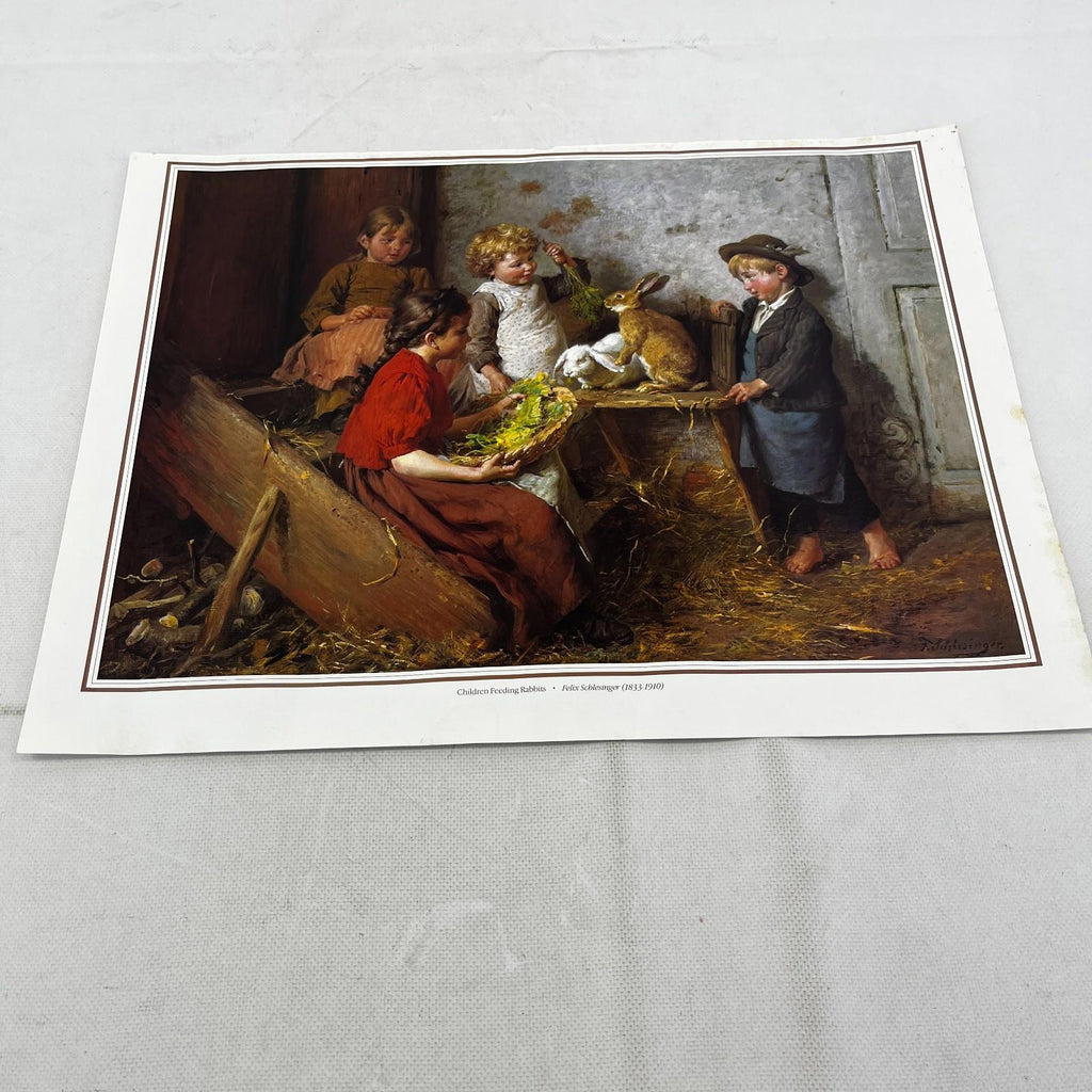 Children Feeding Rabbits - Felix Schlesinger Victorian Textured Print