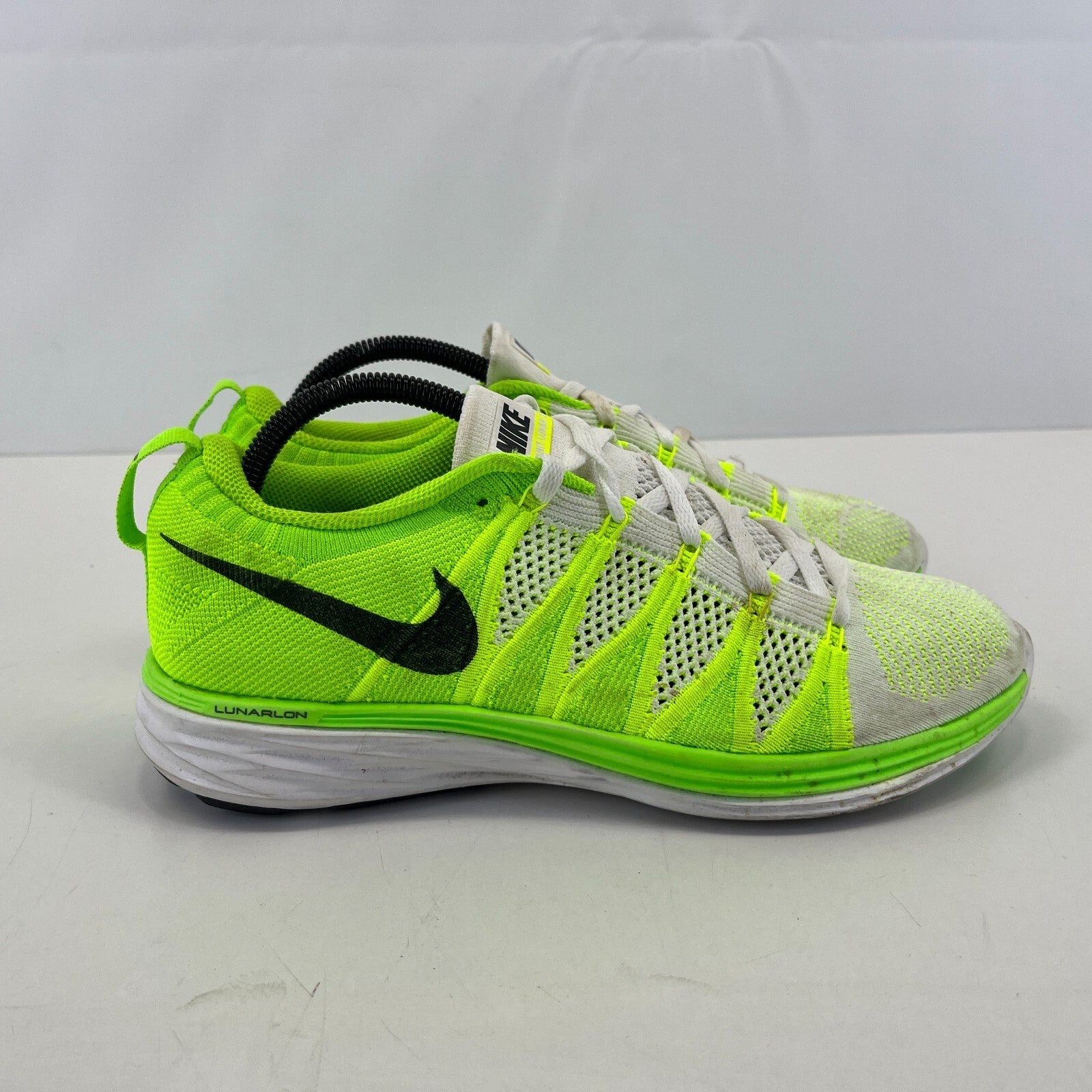 Nikes Flyknit Lunar 2 Womens Trainers Running Shoes Fluro Green & White UK 7.5