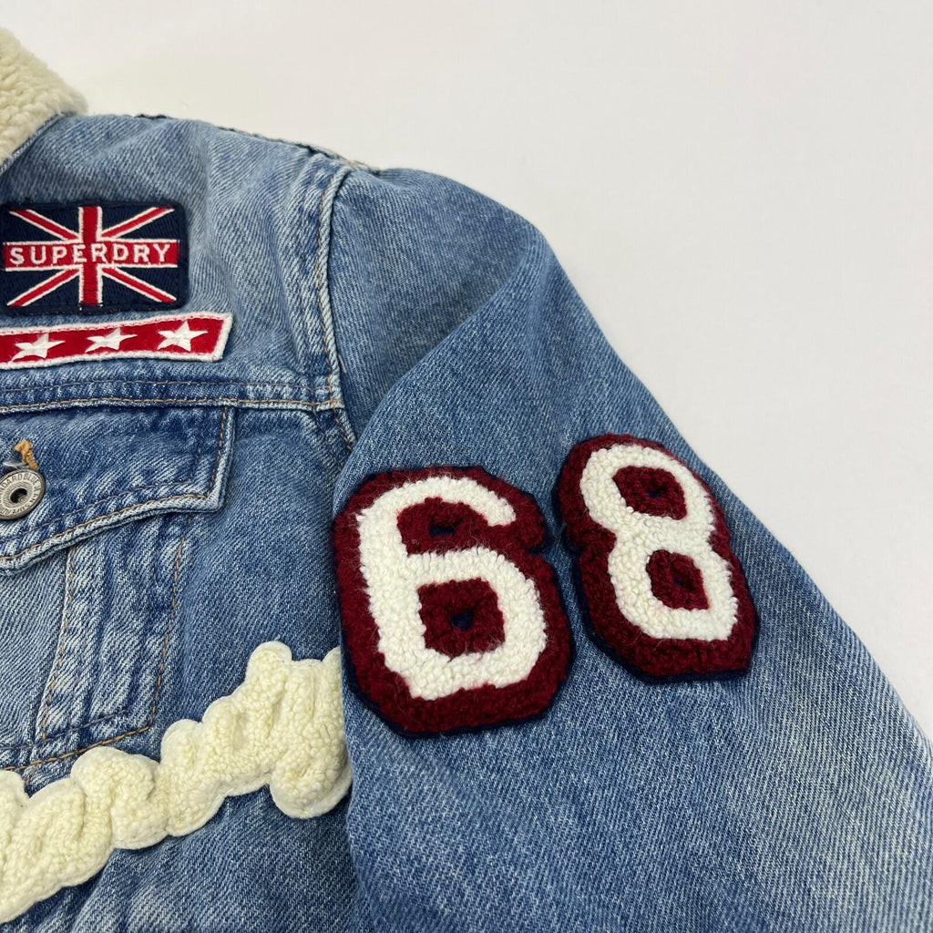 Superdry Denim Jacket Womens M Blue Sherpa Faux Fur Lining Patches Biker