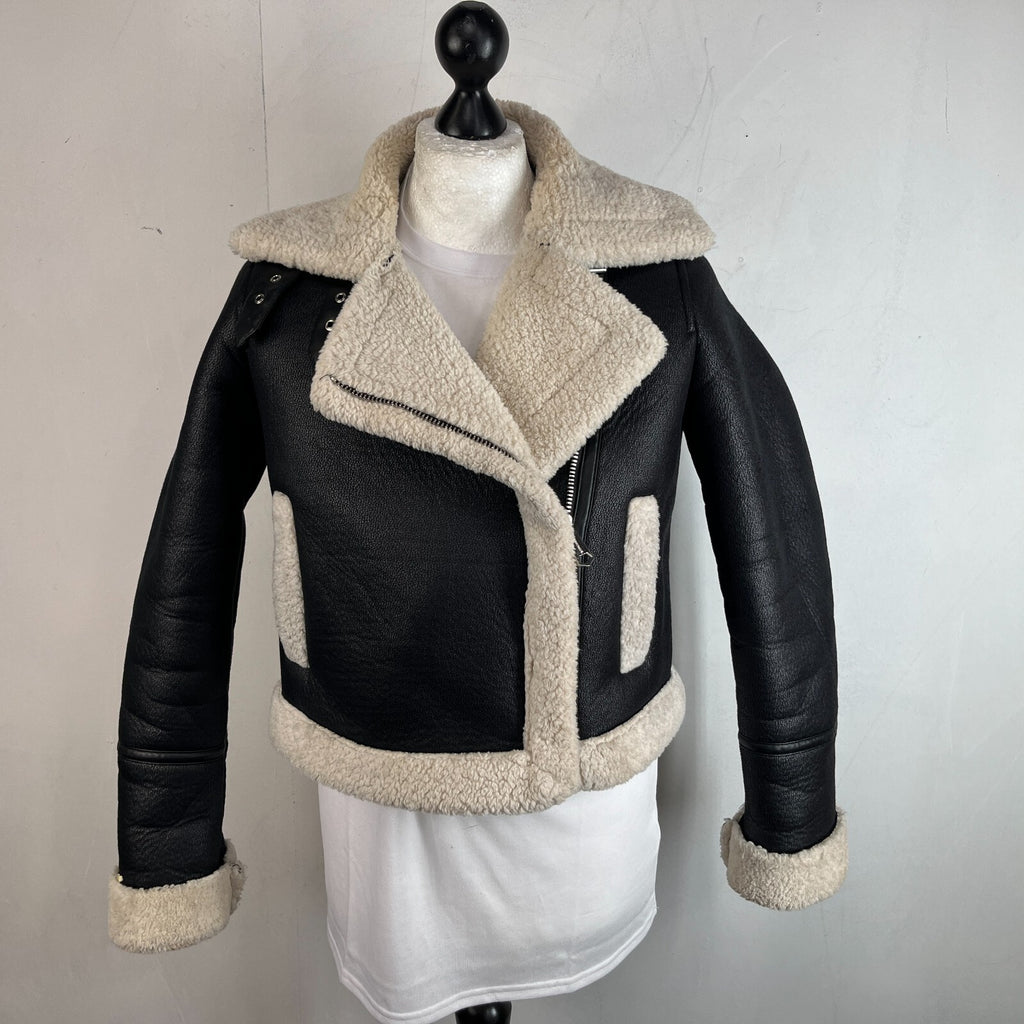 Stradivarius Double Faced Black Cropped Leather Look Aviator Jacket size Small
