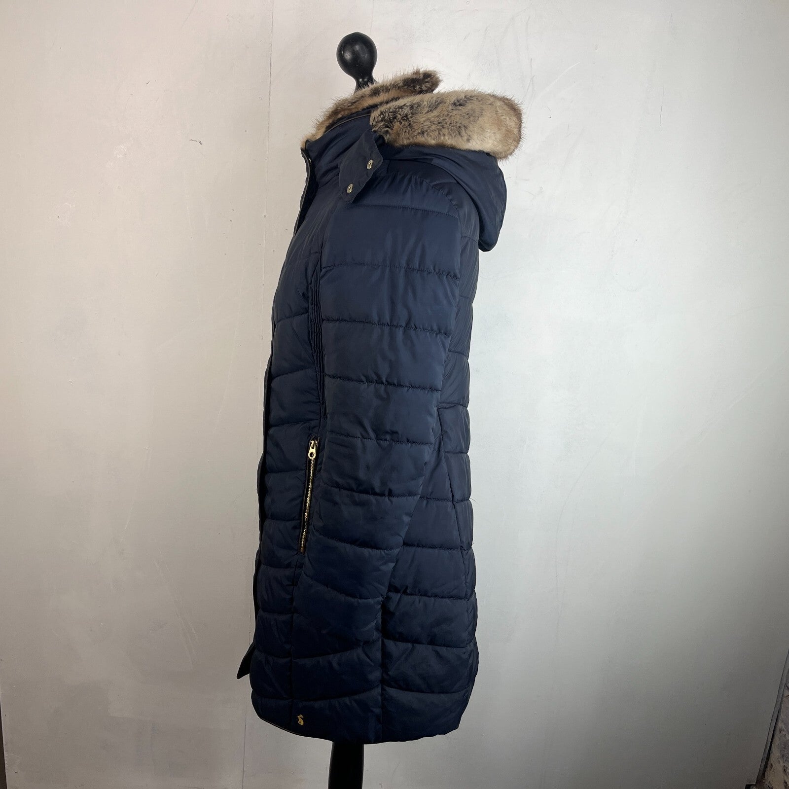Joules Warm Welcome Long Quilted Jacket Navy Blue with Faux Fur Fringe size 14