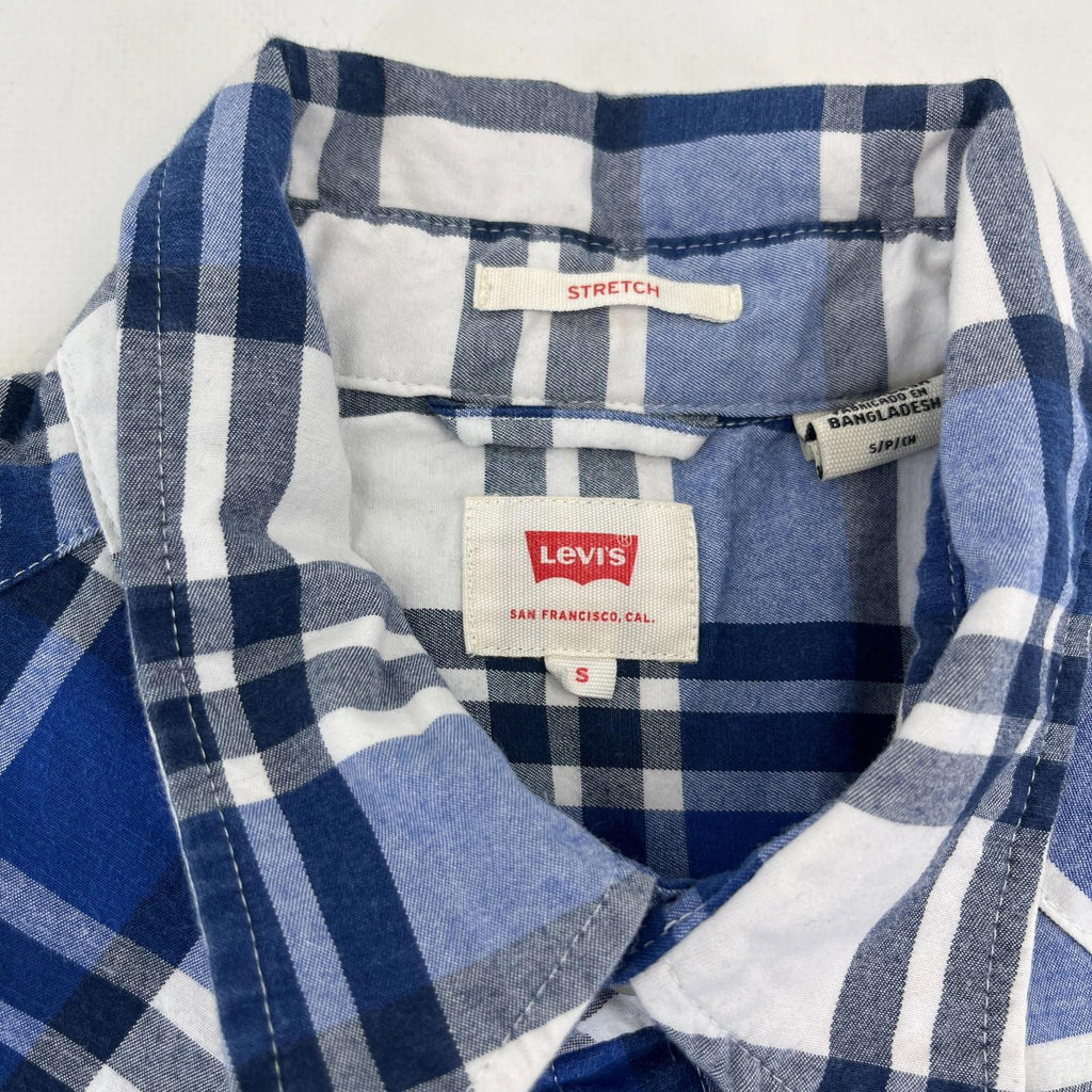 Levi's Mens Stretch Flannel Shirt Blue & White Wide Check Snap Fasten size S