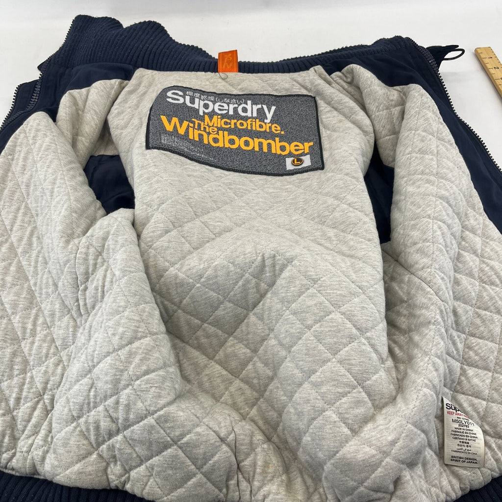 SuperDry Mens Windbomber Bomber Jacket size Large Hooded in Navy Blue Microfibre