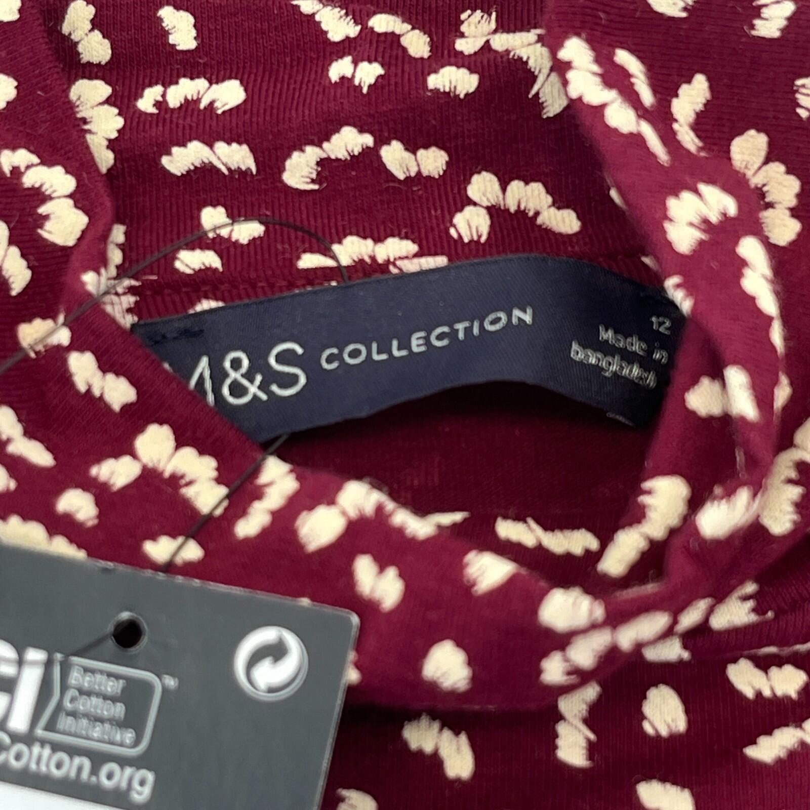 M&S Collection Women's Turtle Neck Top Burgundy & White Long Sleeve Tee size 12