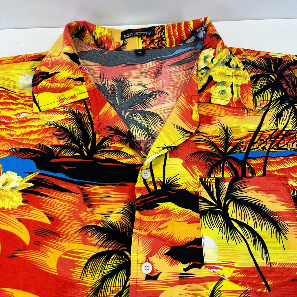 Fight the Wolf Mens Orange Hawaiian Shirt Design Short Sleeve Holiday size XL