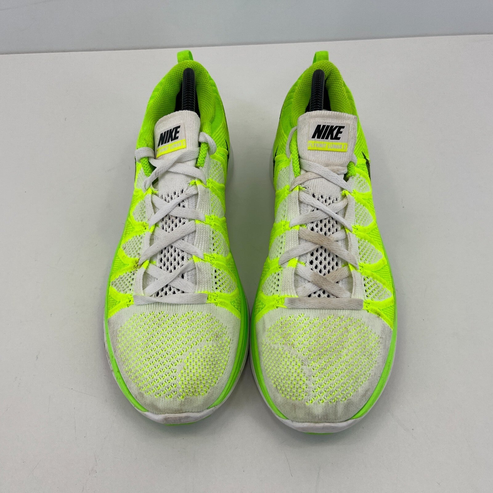 Nikes Flyknit Lunar 2 Womens Trainers Running Shoes Fluro Green & White UK 7.5