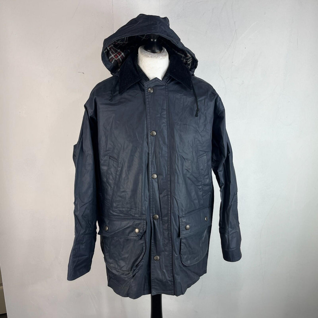 Glengreen Men's Waxed Jacket with Removable Hood in Navy Blue size Medium