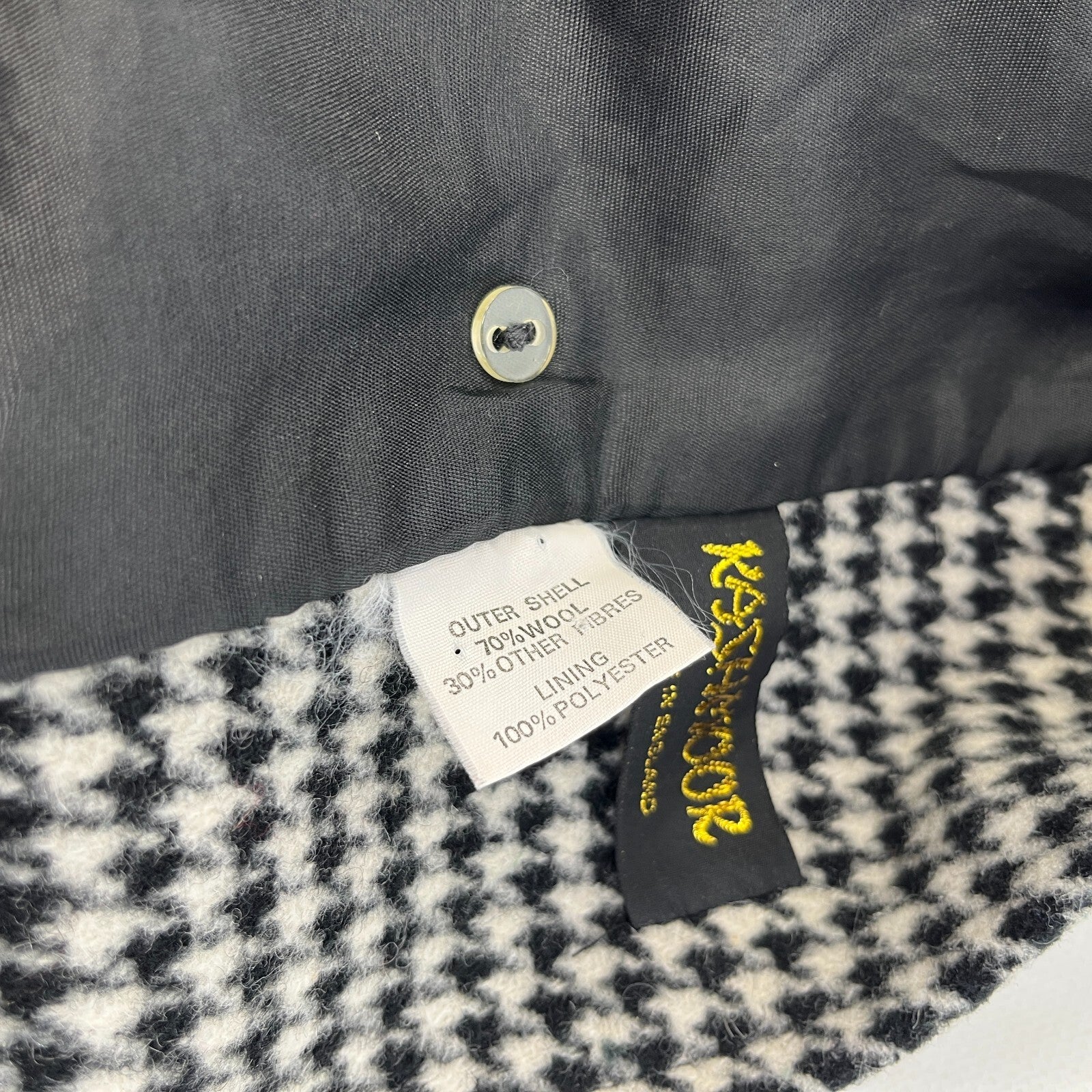 Vtg Kashmoor of London Wool Blend Long Overcoat UK 16 Black/White Houndstooth