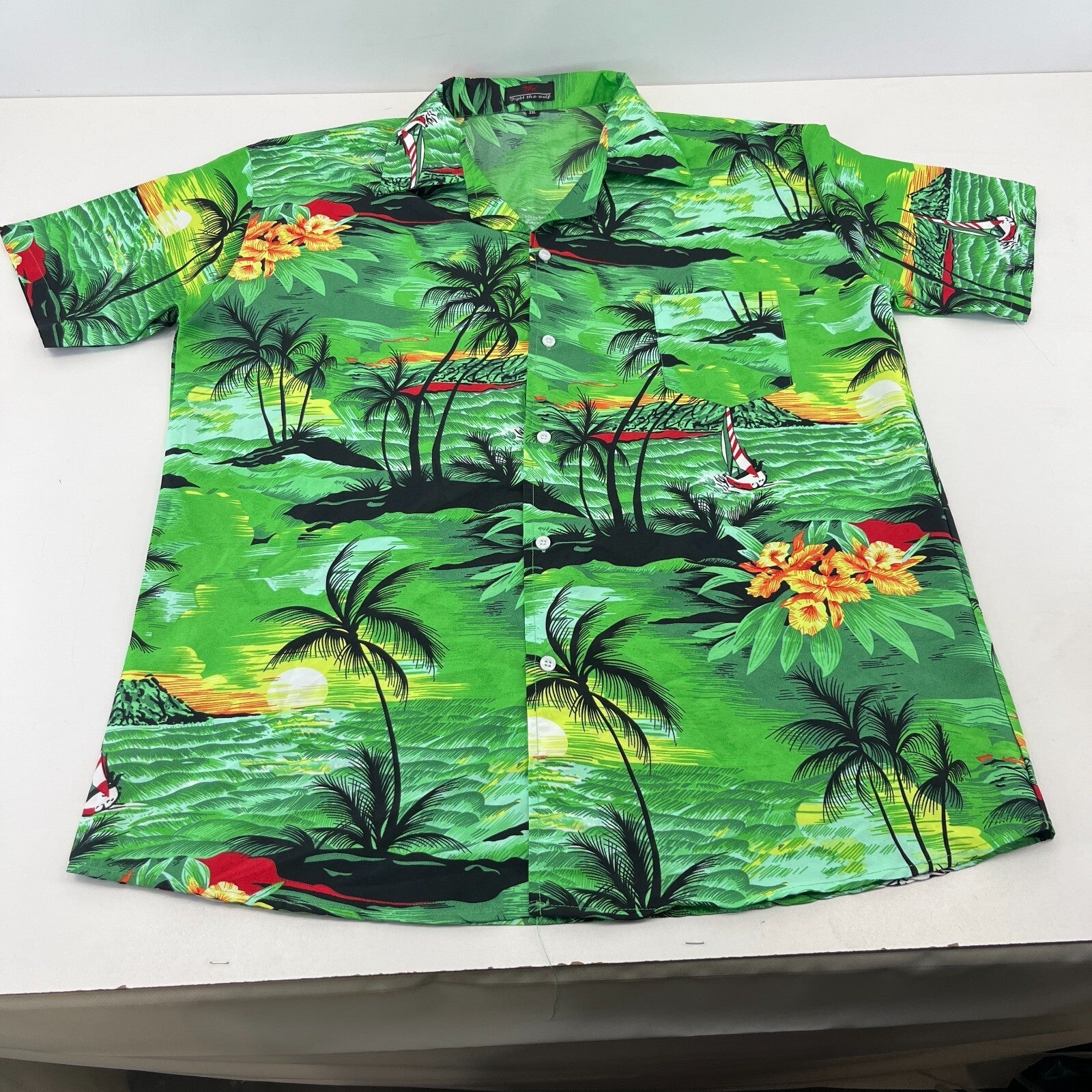 Fight the Wolf Mens Green Hawaiian Shirt Design Short Sleeve Holiday size 2XL