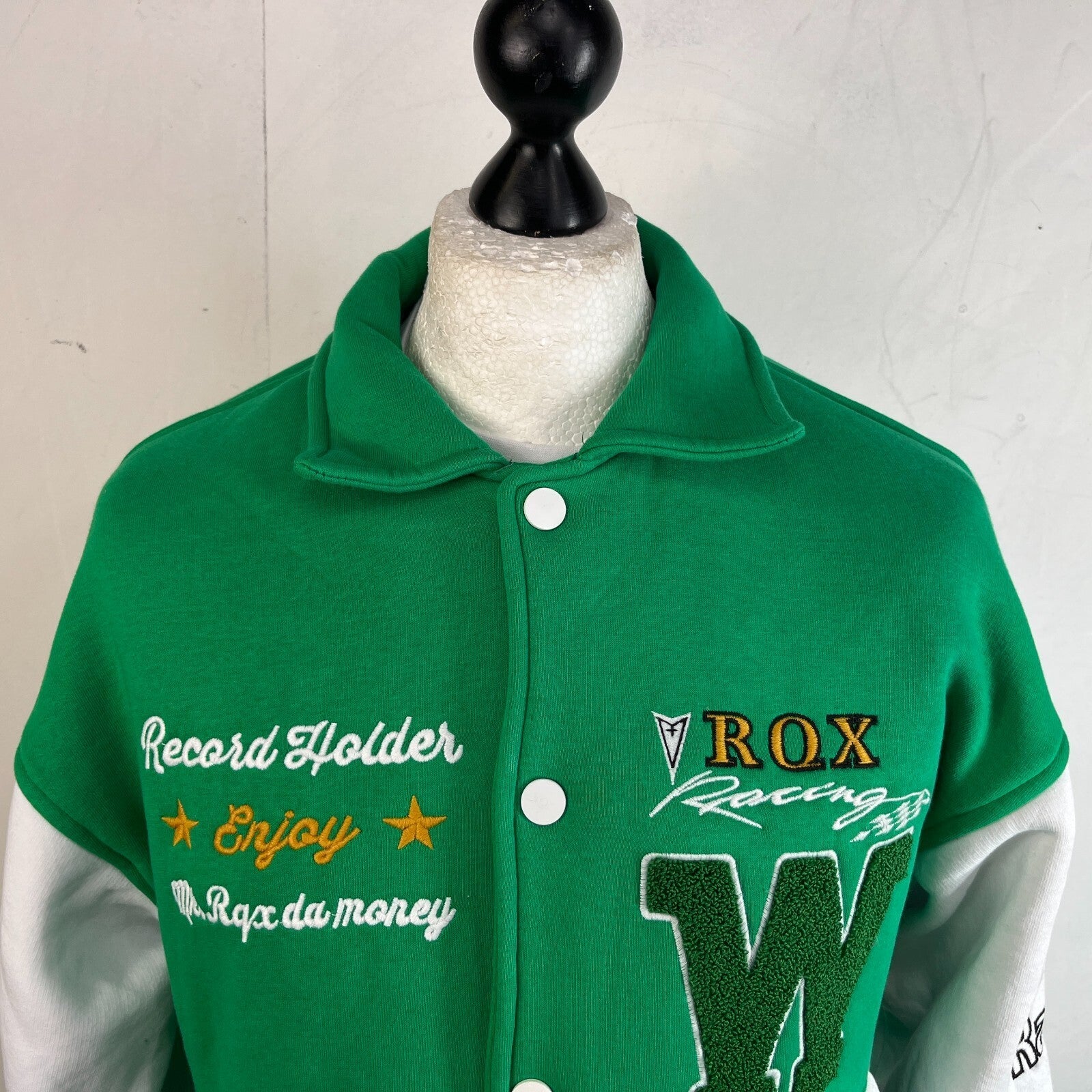 Rocqer-X Women's Green & White Embroidered Varsity Jacket size 2XL