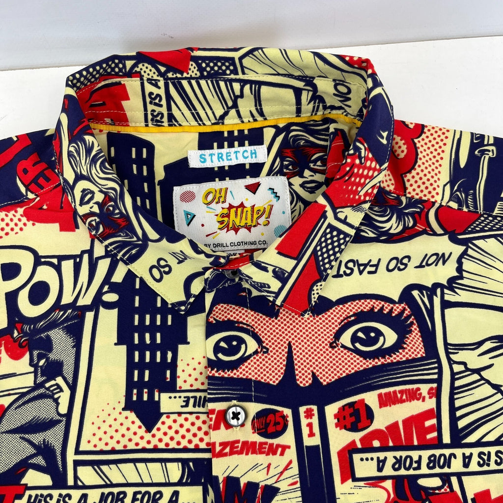 Oh Snap! Drill Clothing Co Shirt Men's size XL 90s Comic Pop Art Button-Up