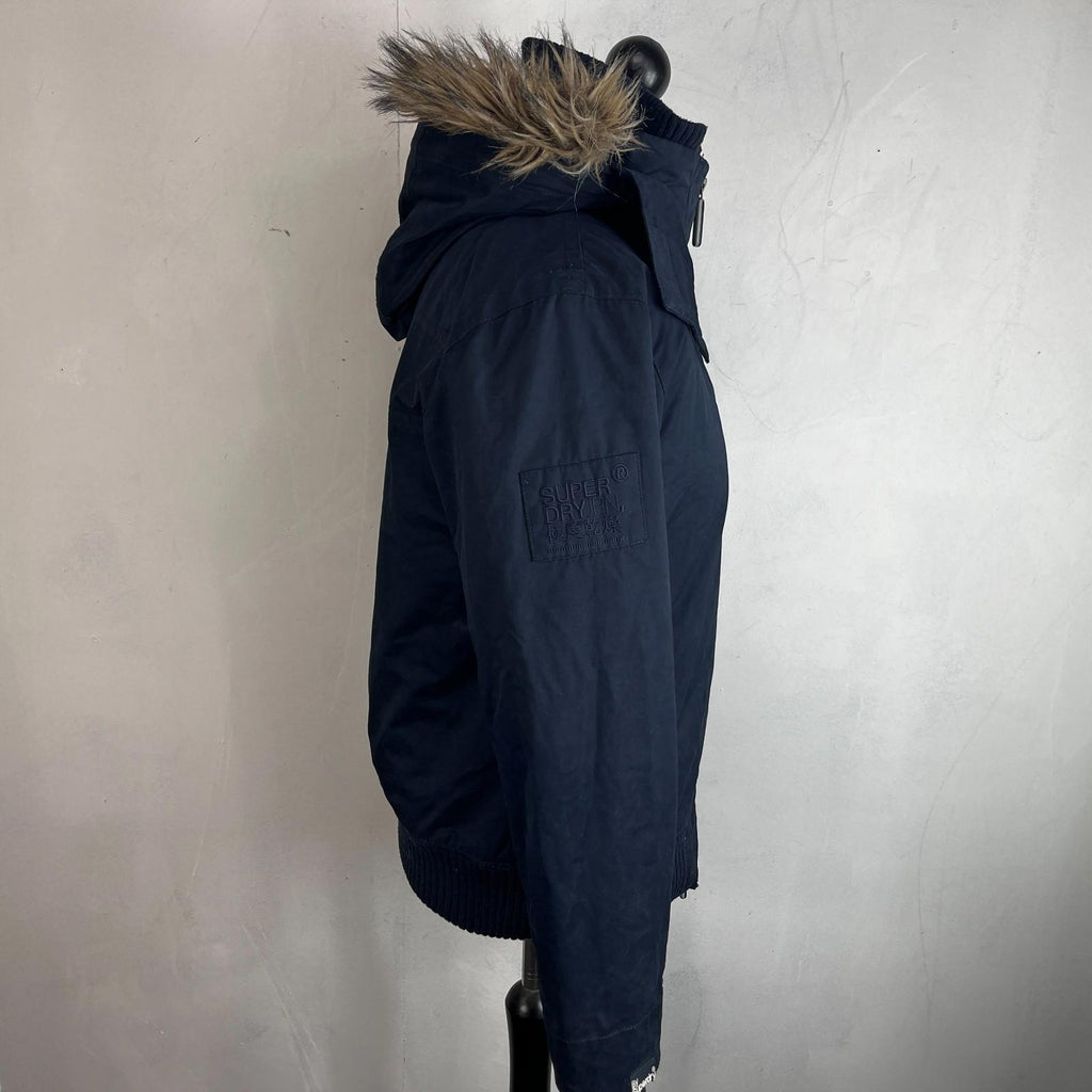 SuperDry Mens Windbomber Bomber Jacket size Large Hooded in Navy Blue Microfibre