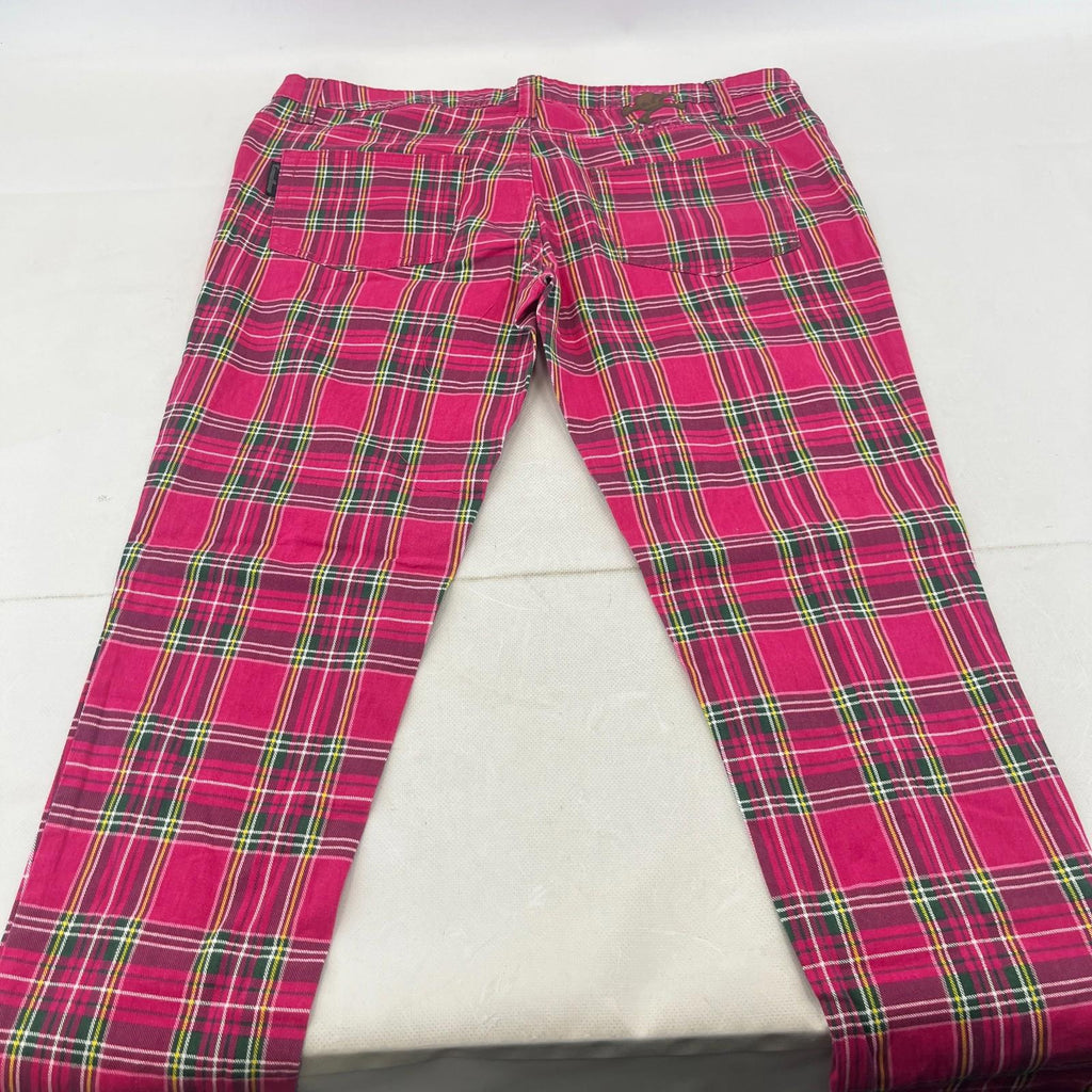 Criminal Damage Women's Pink Tartan Jeans Tapered Stretch Waist 36"