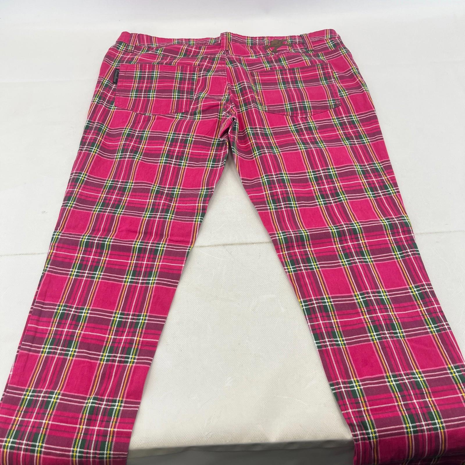 Criminal Damage Women's Pink Tartan Jeans Tapered Stretch Waist 36"