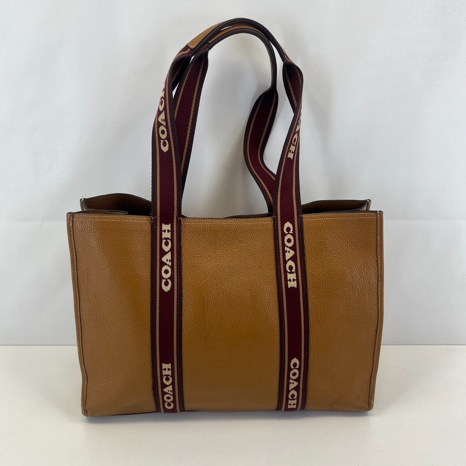 Coach Smith Tote Bag CM716 Tan Pebbled Leather Burgundy Logo Strap