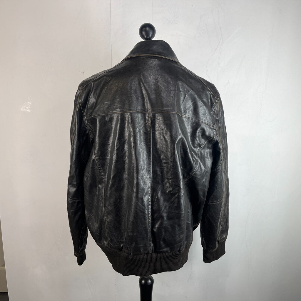 Vtg Tommy Hilfiger Brown Distressed Faux Leather Jacket Sherpa Lined Mens 2XL