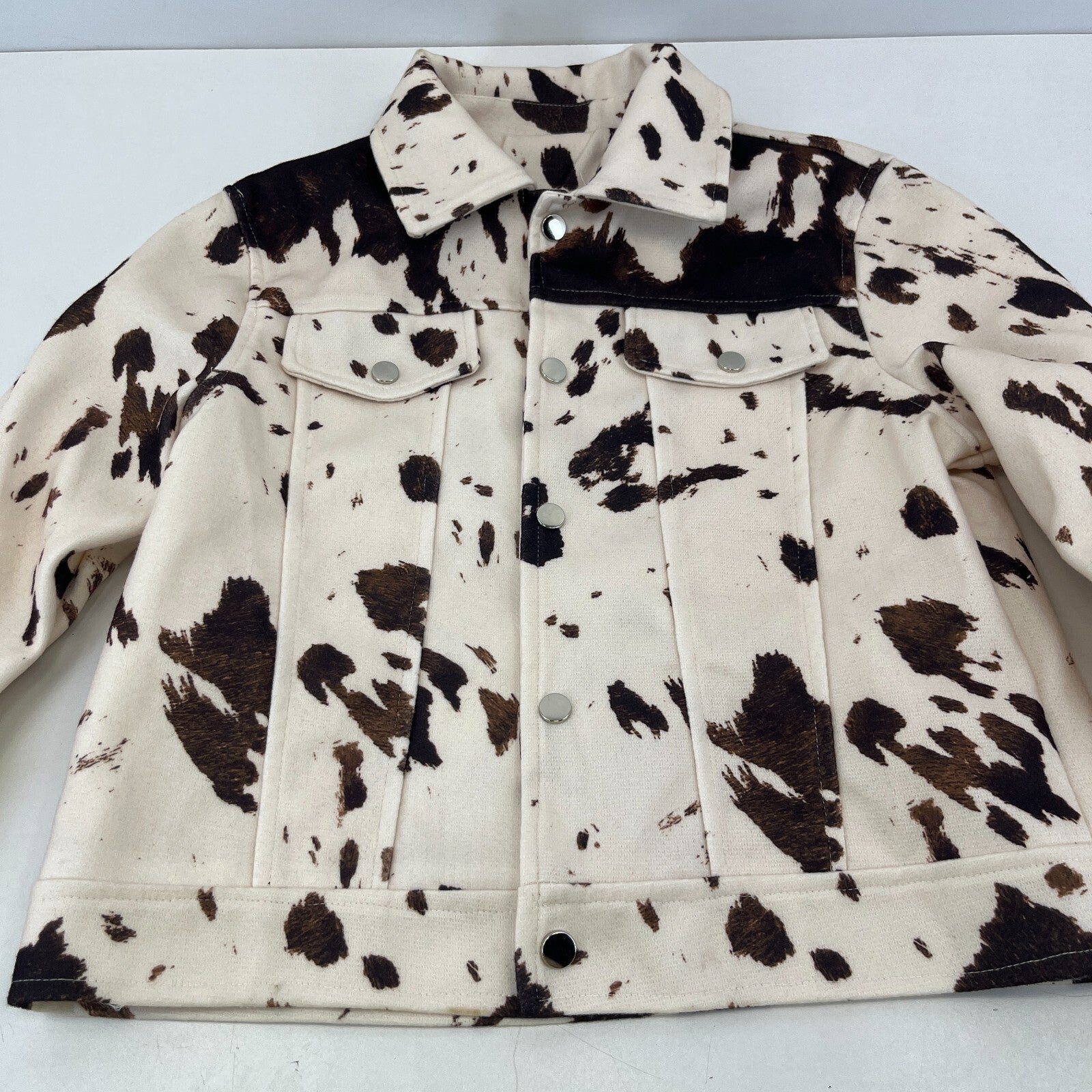 Women's Cow Print Cropped Jacket Cotton Blend Cream/Brown size Small