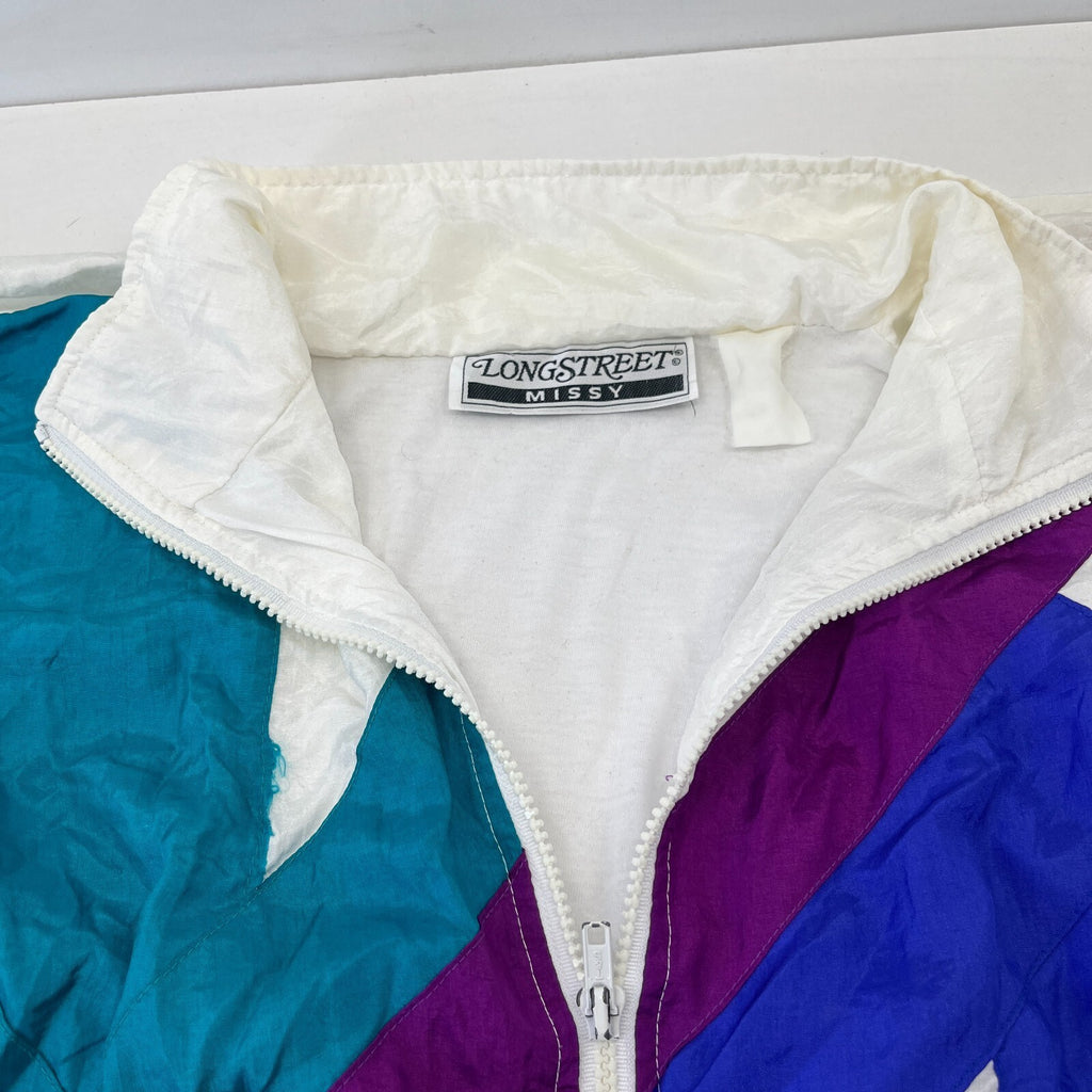 Vintage 80s Longstreet Missy Shell Suit Jacket White Colour Block size 2XL