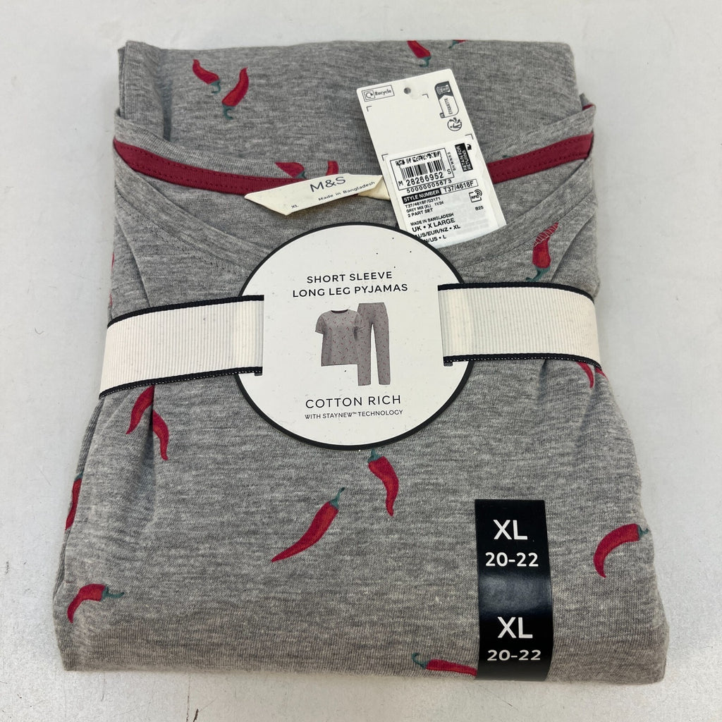 M&S Ladies Pyjama Set UK XL 20-22 Grey with Chillies Long Leg Short Sleeve New