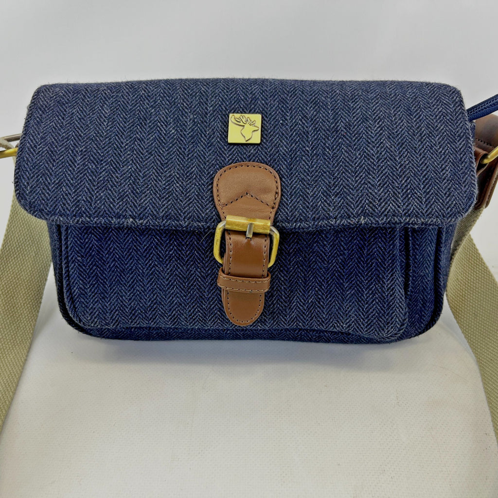 House of Tweed Navy Blue Medium Crossbody Satchel Bag Handbag Herringbone