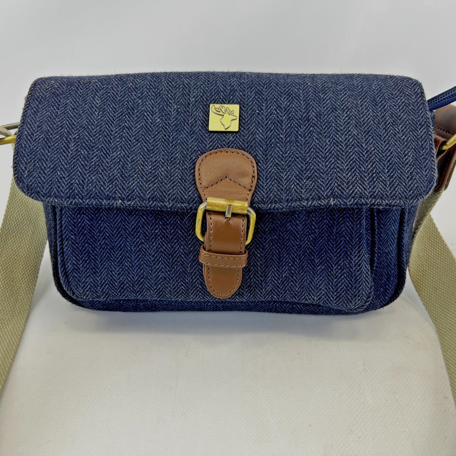 House of Tweed Navy Blue Medium Crossbody Satchel Bag Handbag Herringbone