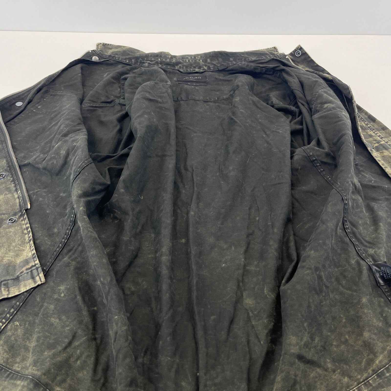 AllSaints Denim Jacket Men's size XL Relaxed Fit Distressed Tiger Camo
