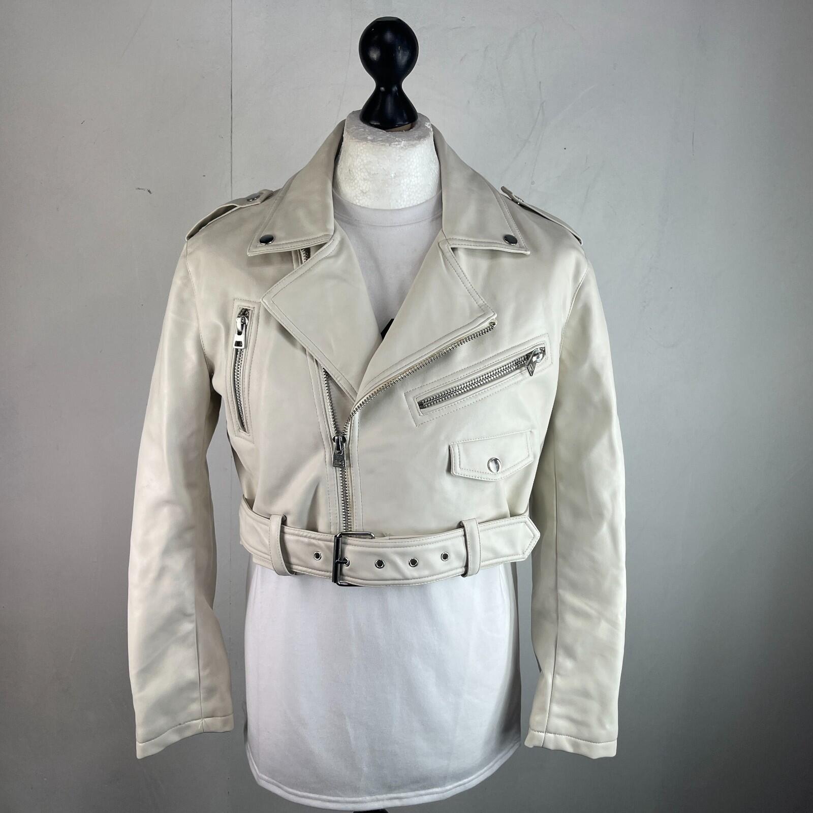 Topshop Zipped Faux Leather Cropped Biker Jacket Ivory White UK Women's size 10