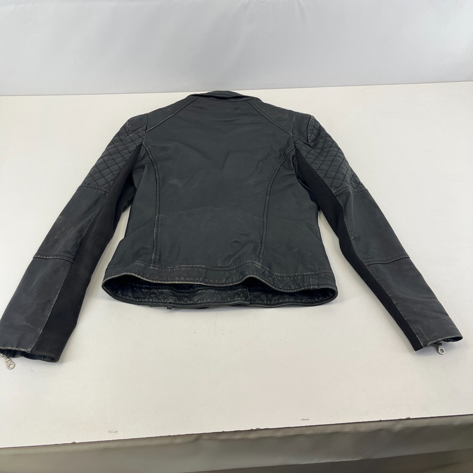 Whistles Distressed Look Leather Jacket Biker Black Boyfriend Zip Cuffs size 10