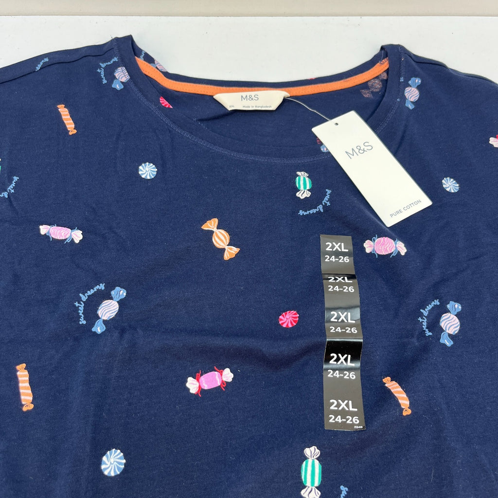 M&S Ladies Pyjama Set UK 2XL 24-26 Blue & Candy Sweet Long Leg Short Sleeve New