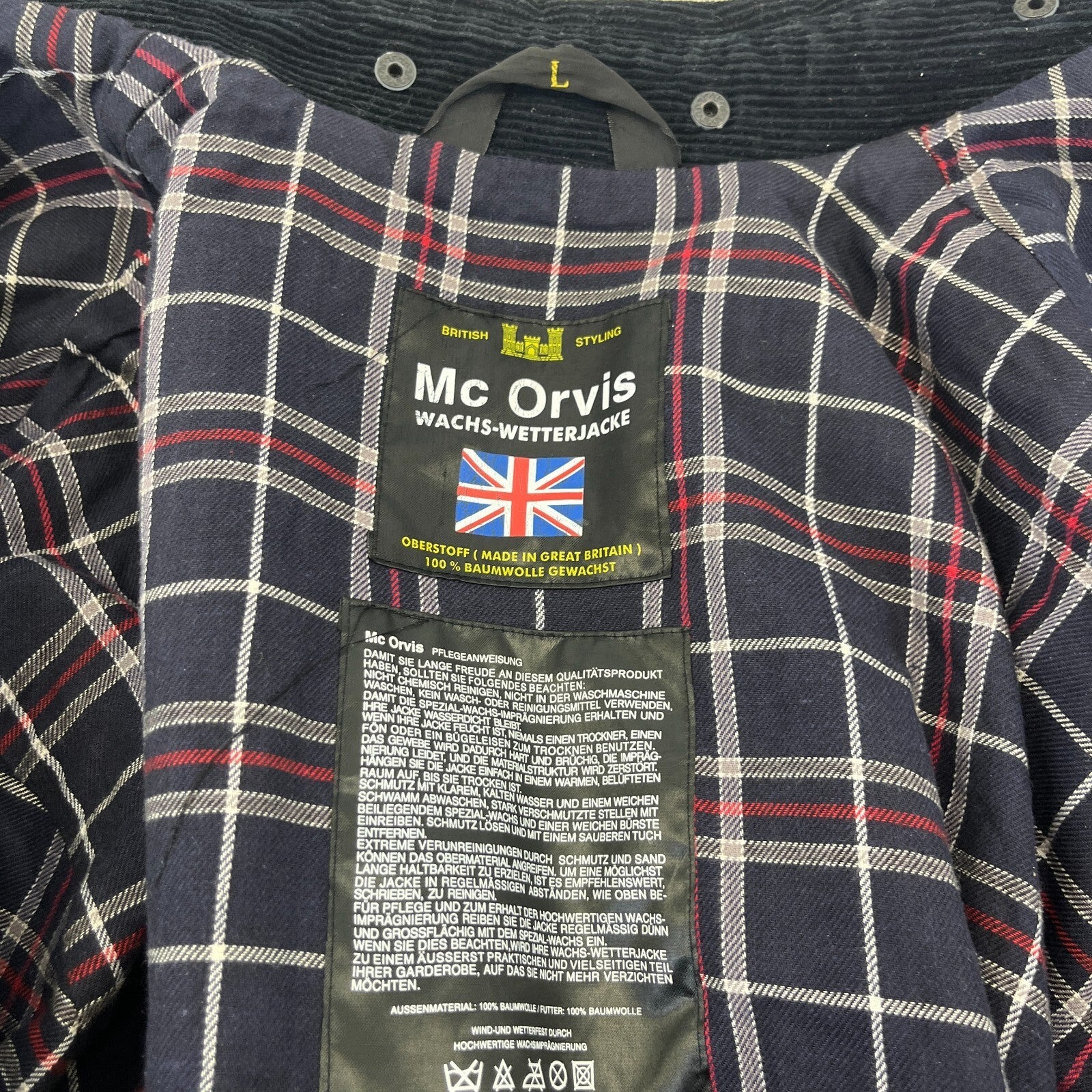 Mc Orvis Wax Jacket Mens size L Black Waxed Coat Made in the UK