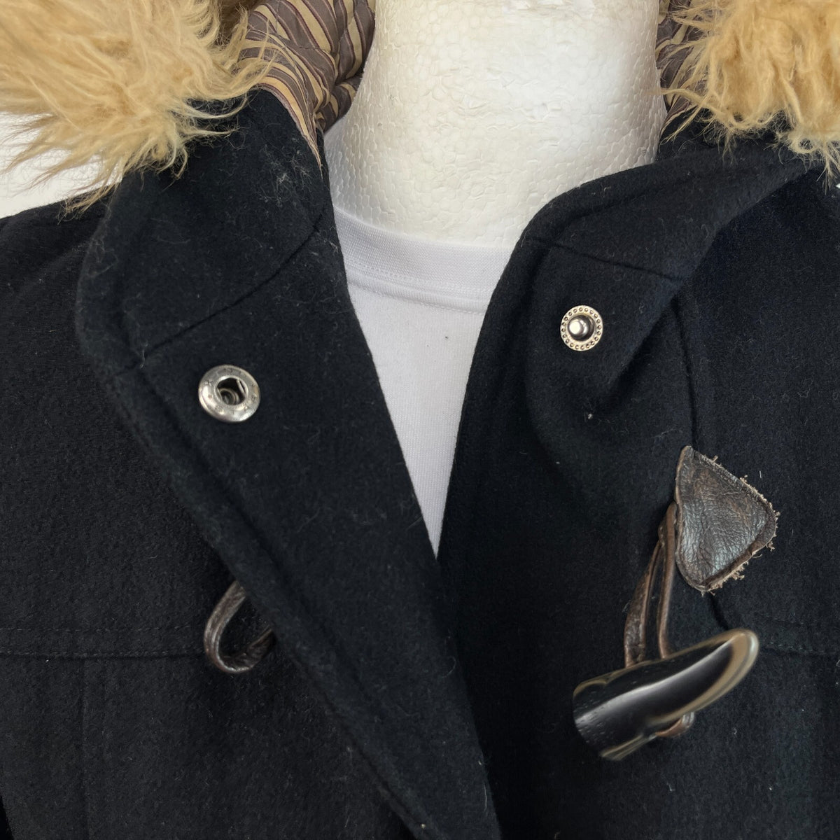 American Eagle Women's Black Duffle Parka Coat Hooded Faux Fur Trim size L