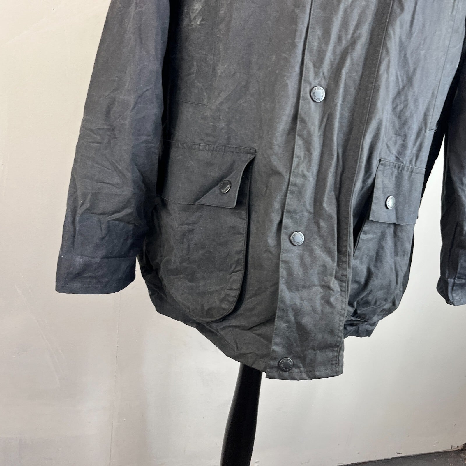 Mc Orvis Wax Jacket Mens size M Black Waxed Coat with Hood Made in the UK